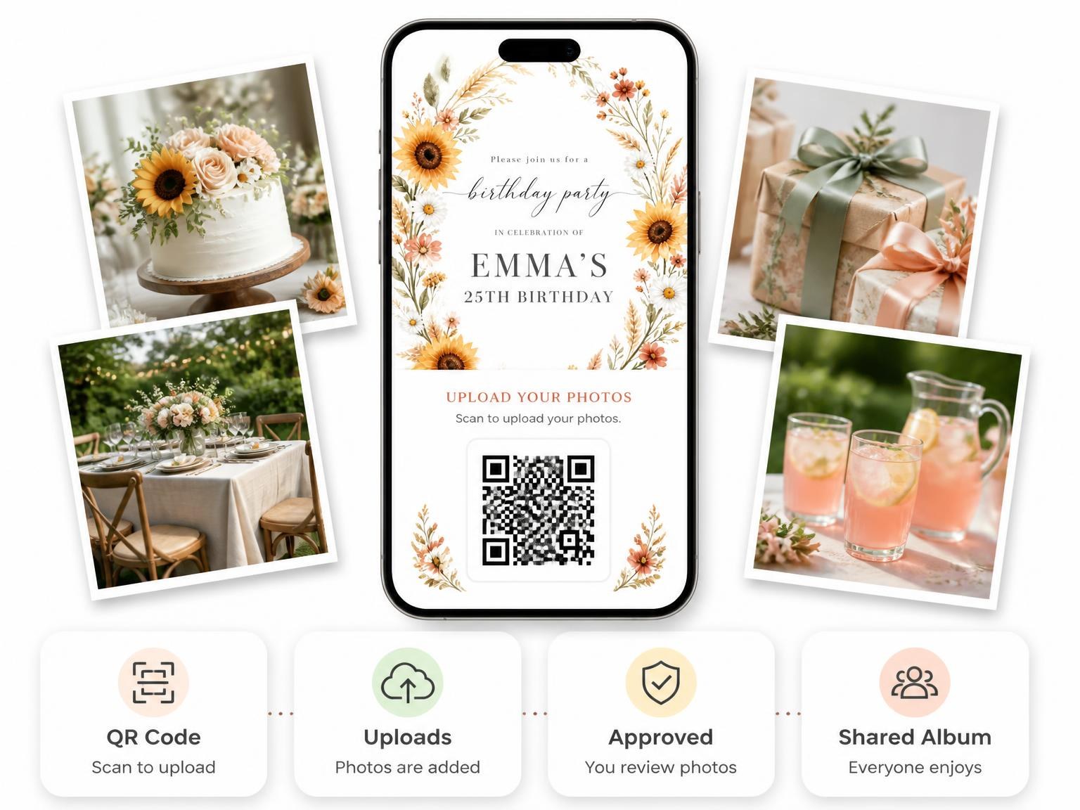 The shared photo gallery that comes with the Terracotta Botanical Wreath 25th Birthday Invitation invitation