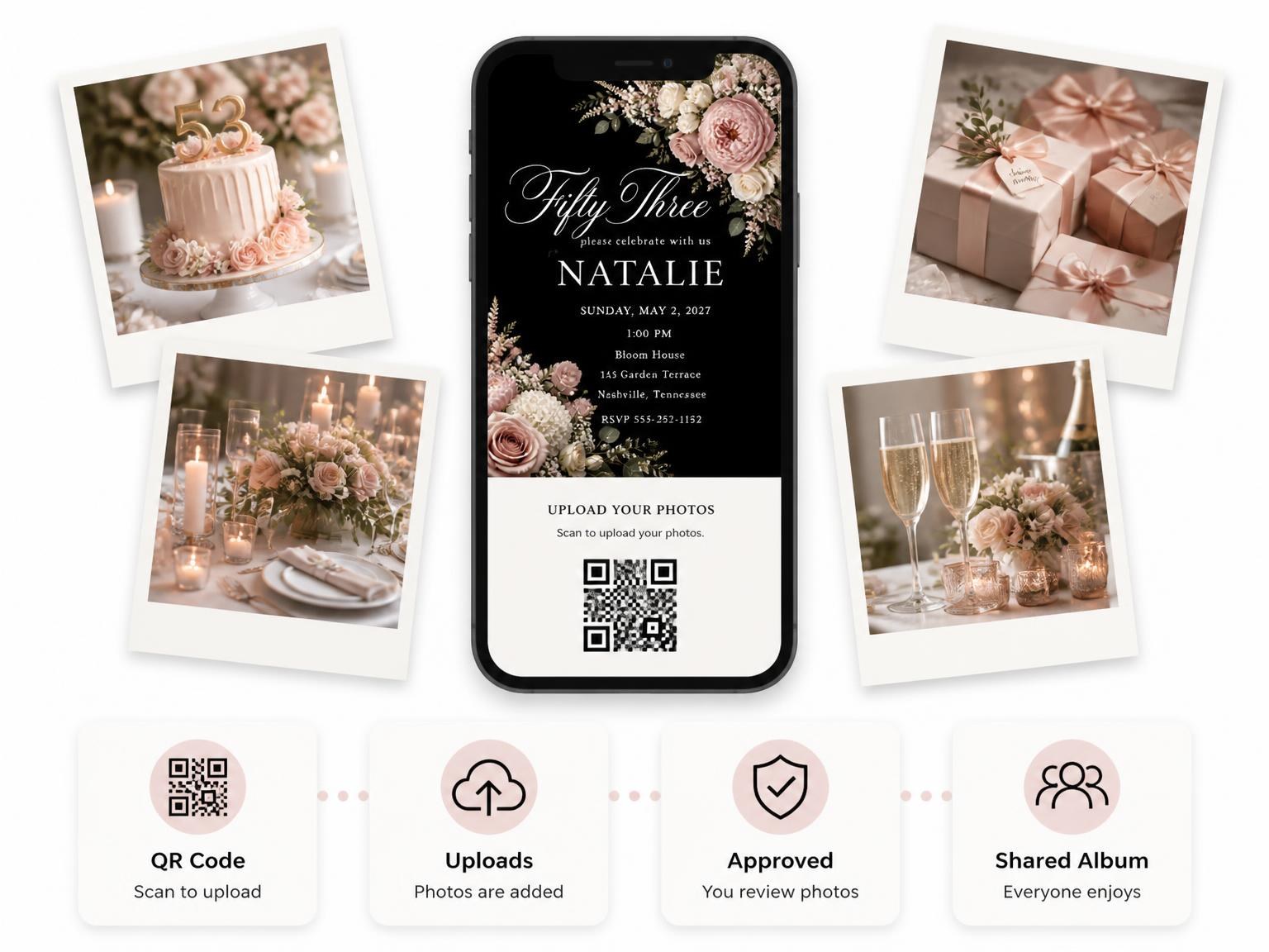 The shared photo gallery that comes with the Black Floral 53rd Birthday Invitation invitation