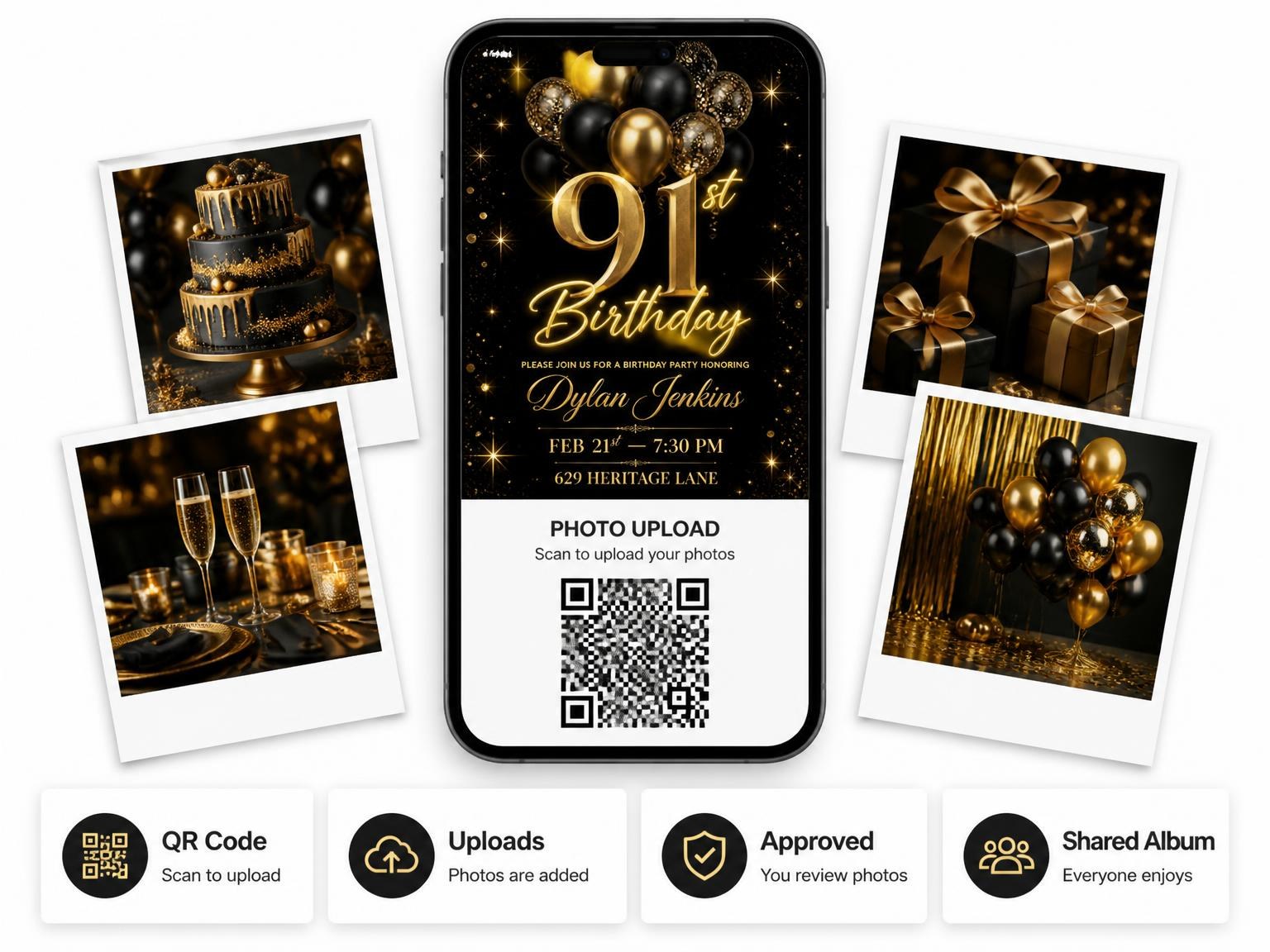 The shared photo gallery that comes with the Black and Gold Balloon 91st Birthday invitation