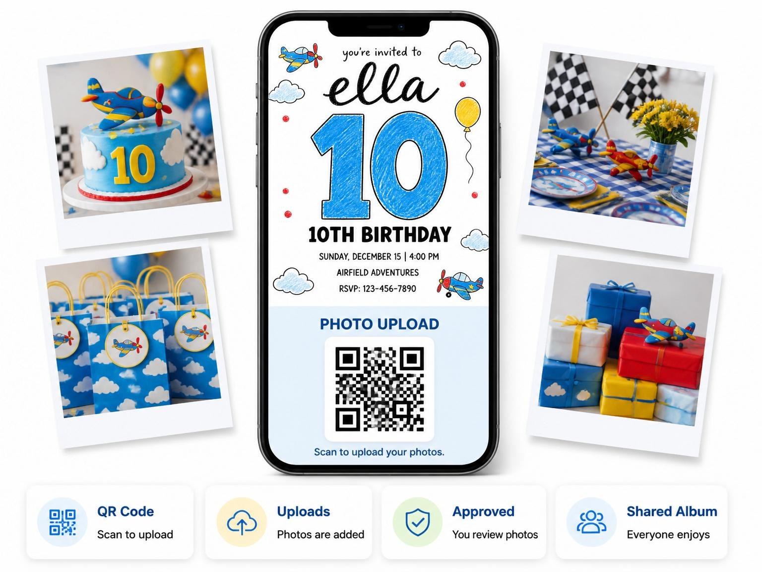 The shared photo gallery that comes with the Crayon Airplane 10th Birthday Invitation invitation