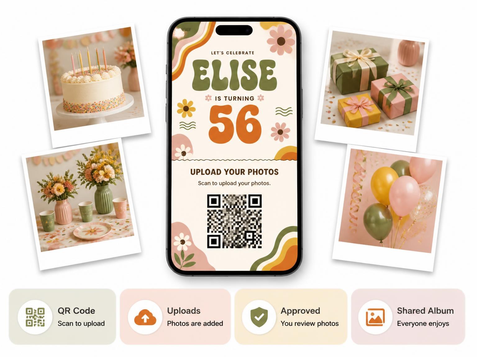 The shared photo gallery that comes with the Groovy Retro 56th Birthday Invitation invitation