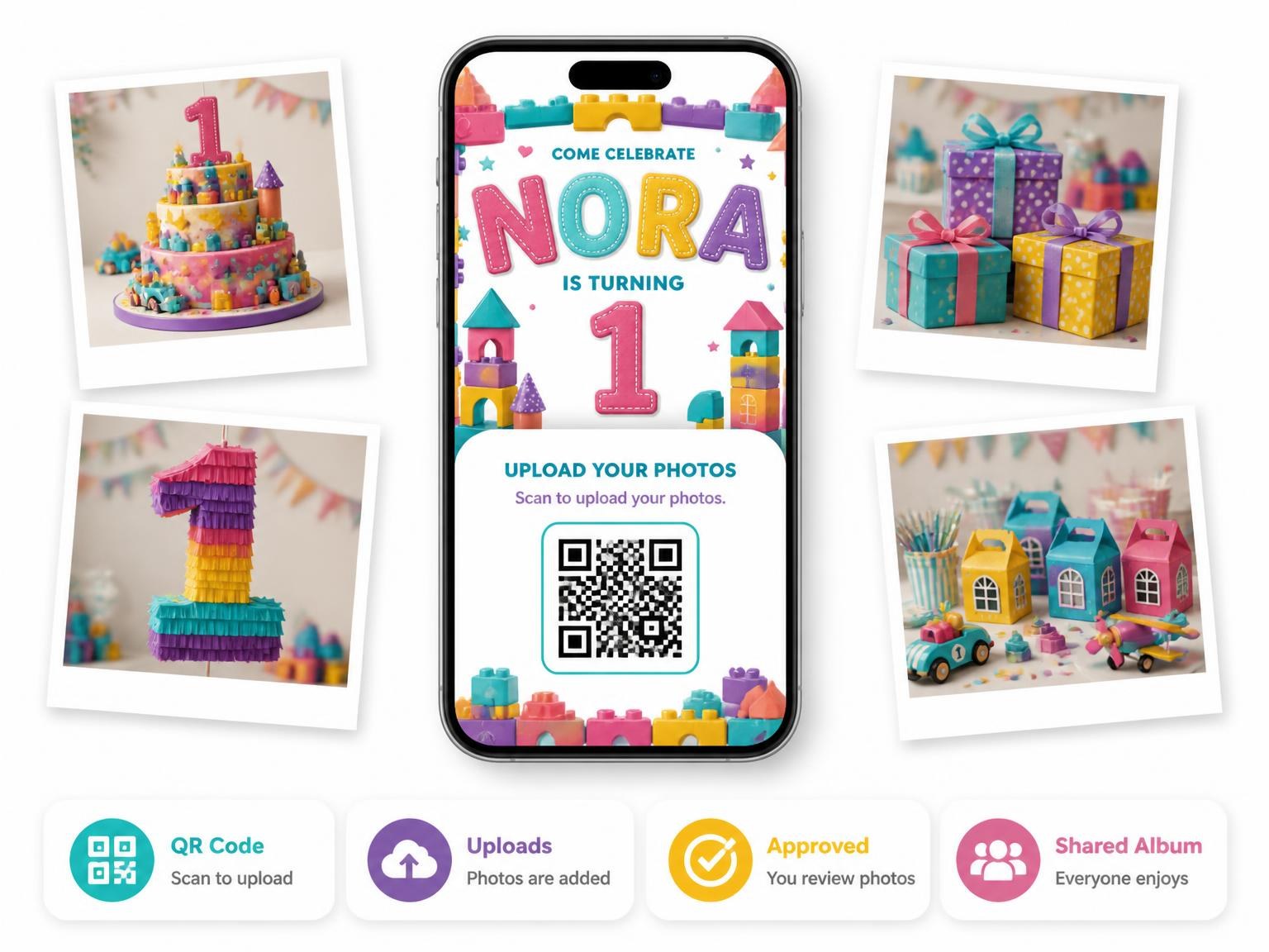 The shared photo gallery that comes with the Stitched Toy Blocks 1st Birthday Invitation invitation