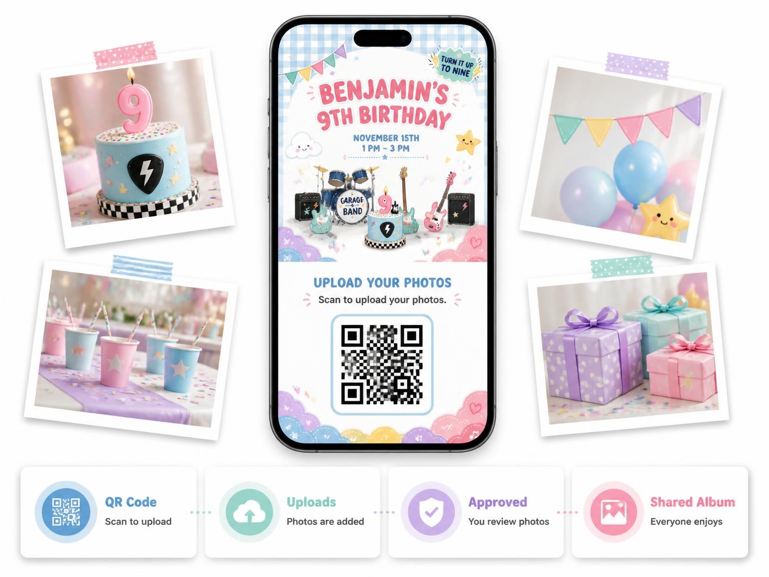 The shared photo gallery that comes with the Band Kawaii Pastel 9th Birthday Invitation invitation