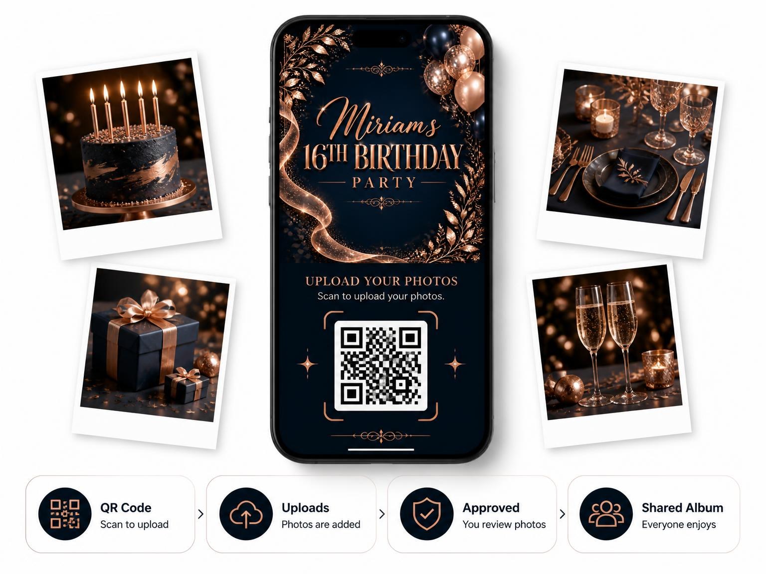 The shared photo gallery that comes with the Navy and Rose Gold 16th Birthday Invitation invitation