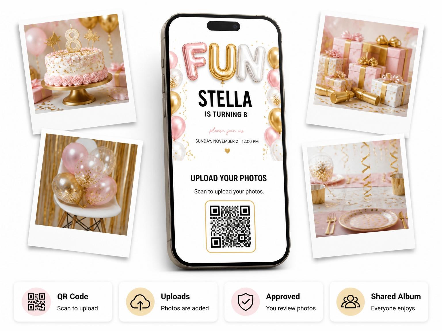 The shared photo gallery that comes with the Pink Gold Balloon 8th Birthday Invitation invitation