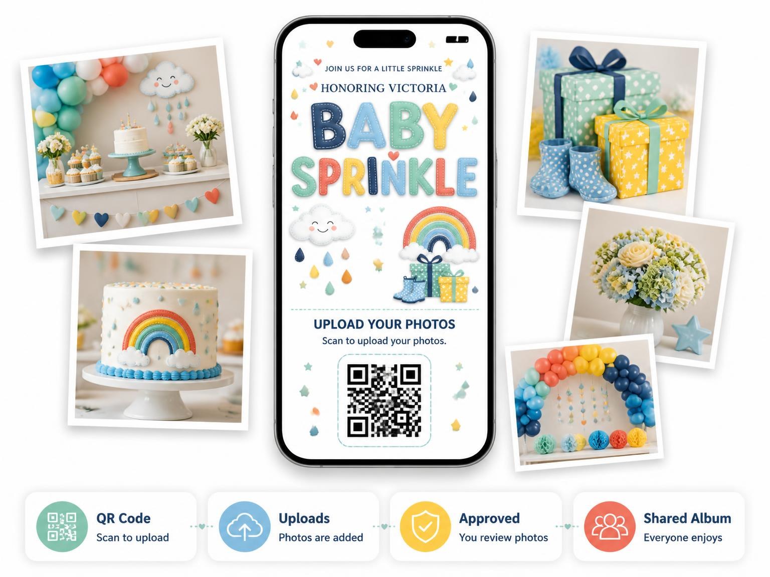 The shared photo gallery that comes with the Smiling Cloud Baby Sprinkle Invitation invitation
