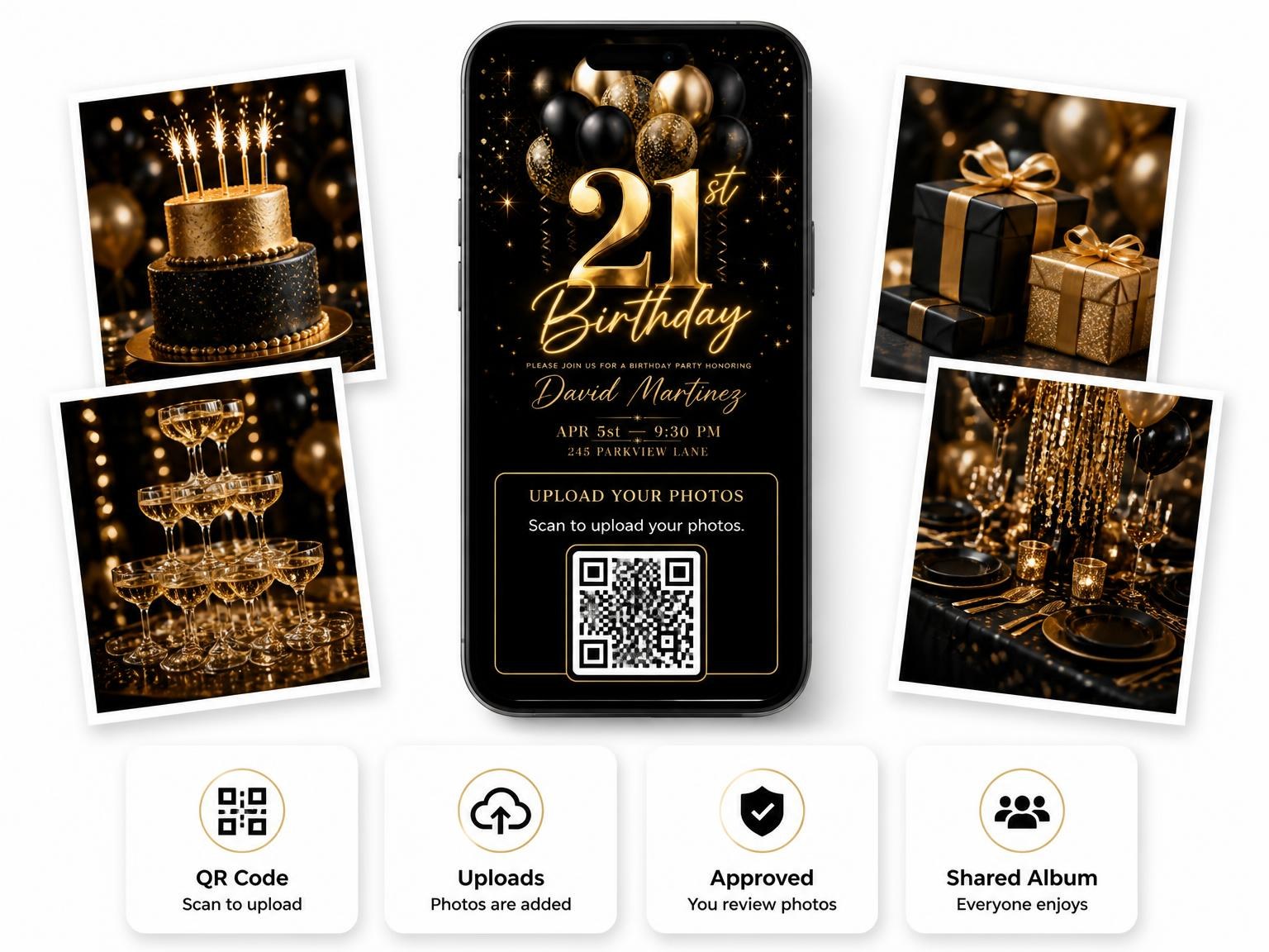 The shared photo gallery that comes with the Black and Gold Balloon 21st Birthday invitation