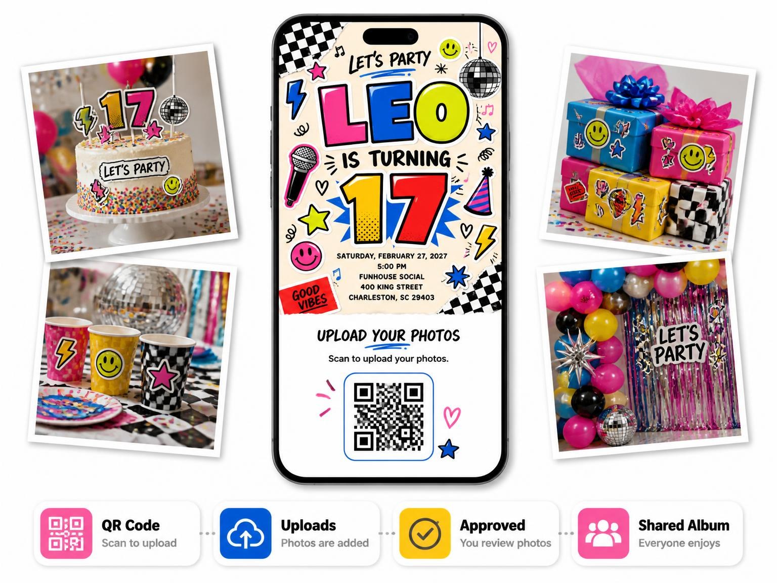 The shared photo gallery that comes with the Sticker Pop 17th Birthday Invitation invitation