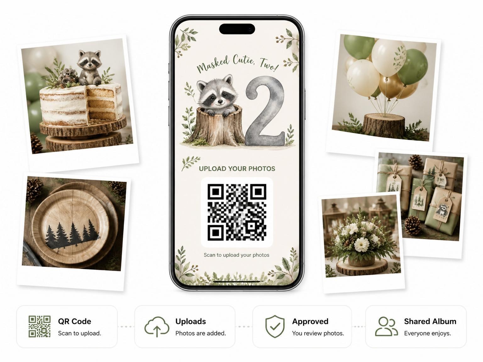 The shared photo gallery that comes with the Watercolor Raccoon Woodland 2nd Birthday invitation