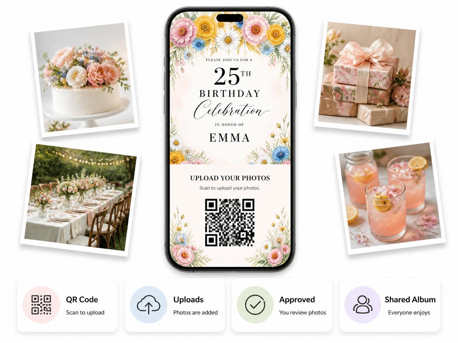 The shared photo gallery that comes with the Spring Wildflowers Foliage 25th Birthday Invitation invitation
