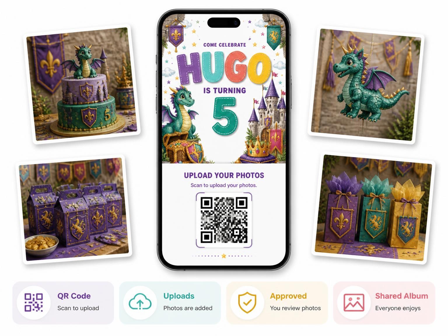 The shared photo gallery that comes with the Stitched Dragon Castle 5th Birthday Invitation invitation