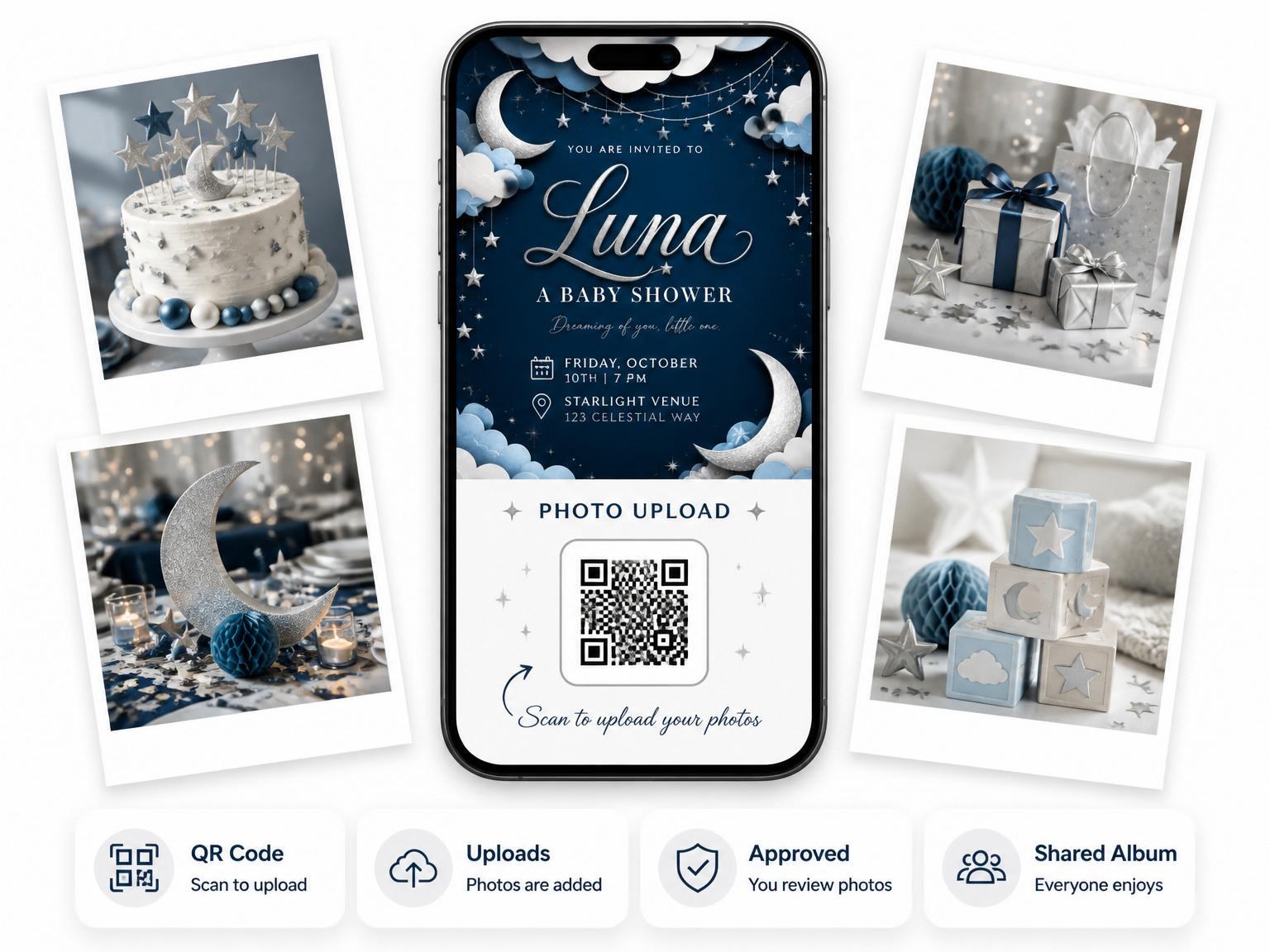 The shared photo gallery that comes with the Navy Paper-Cut Moon Baby Shower invitation