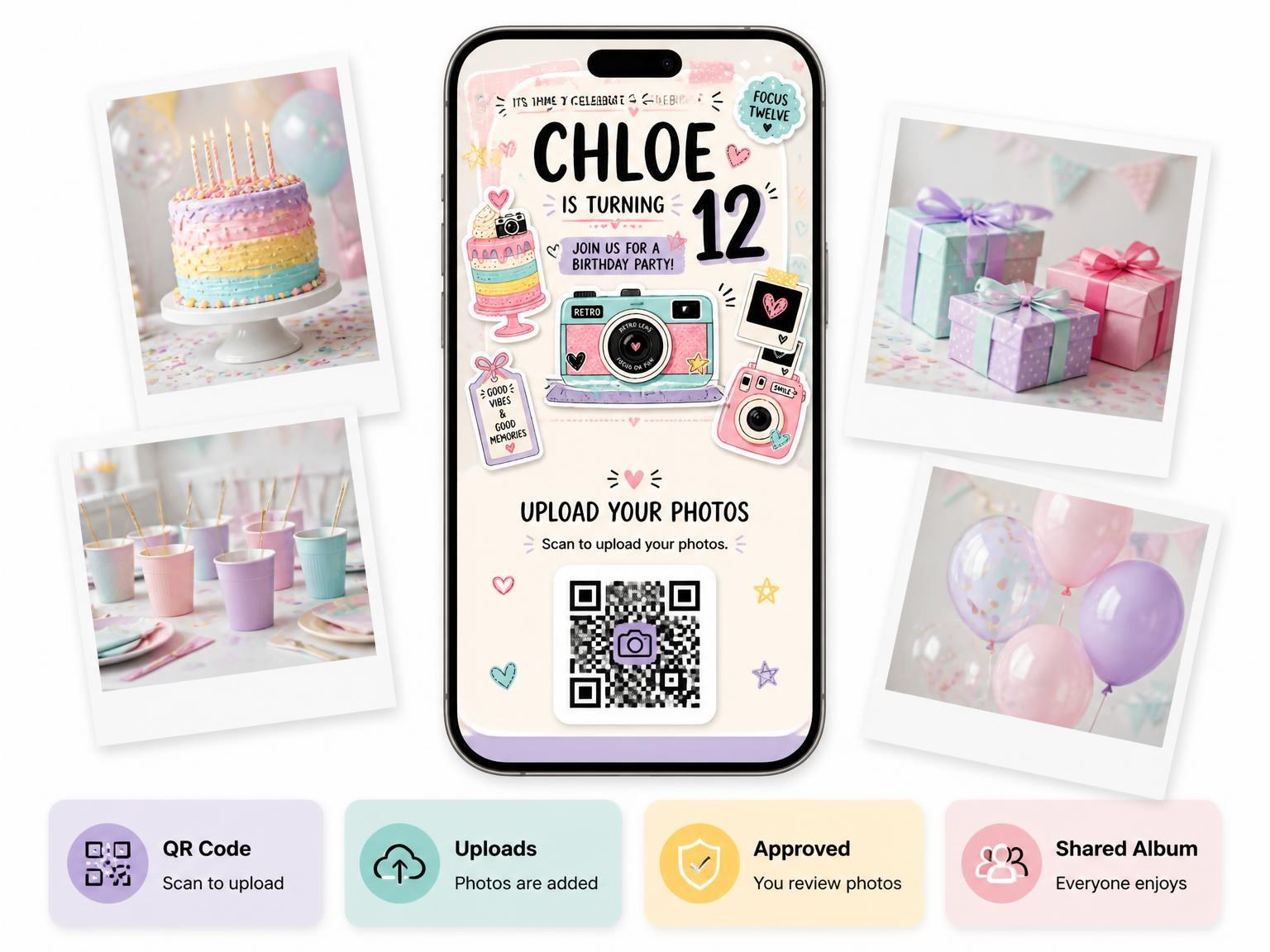 The shared photo gallery that comes with the Pink Camera Pastel 12th Birthday Invitation invitation