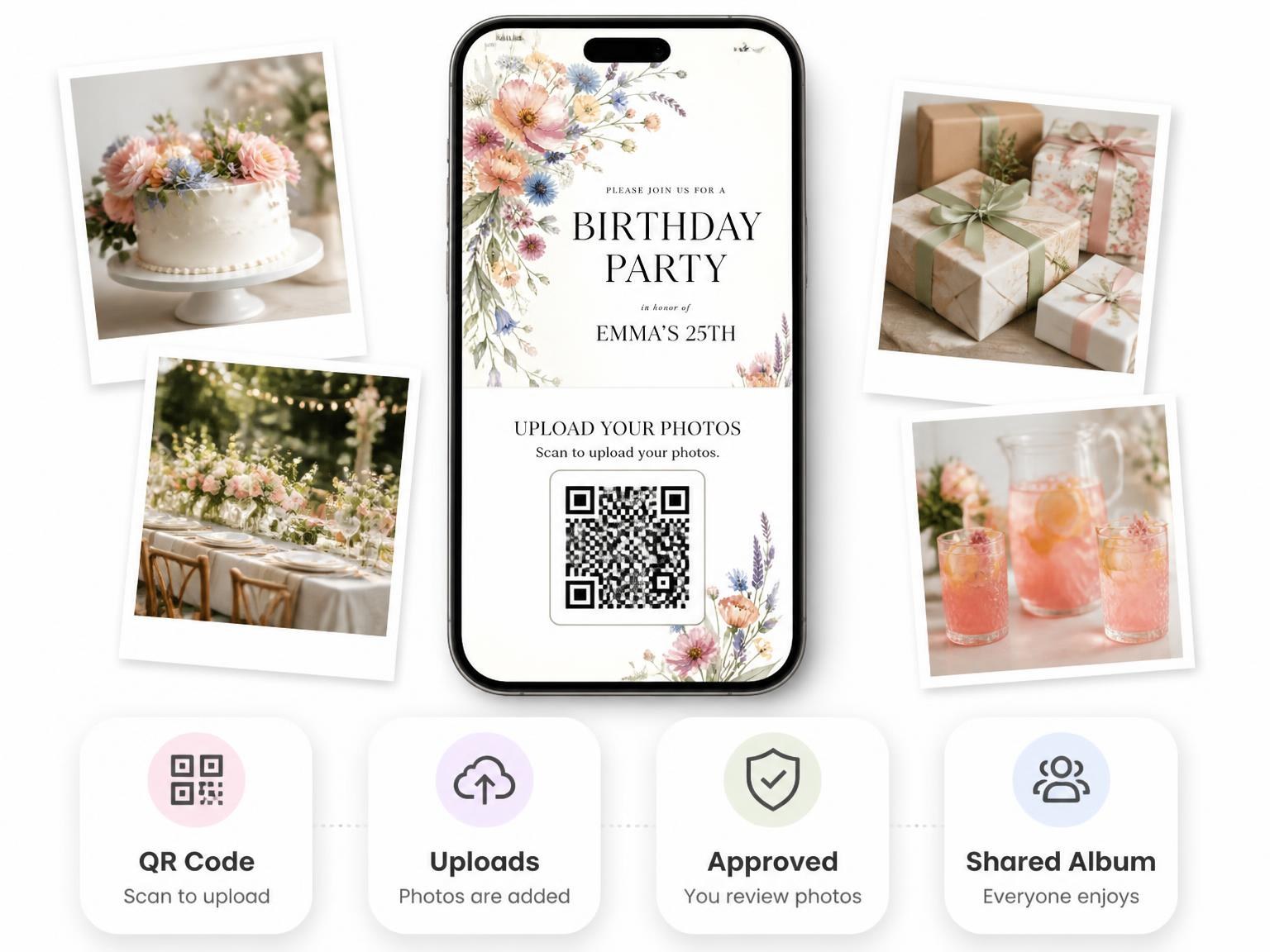 The shared photo gallery that comes with the Pastel Botanical Bouquet 25th Birthday Invitation invitation