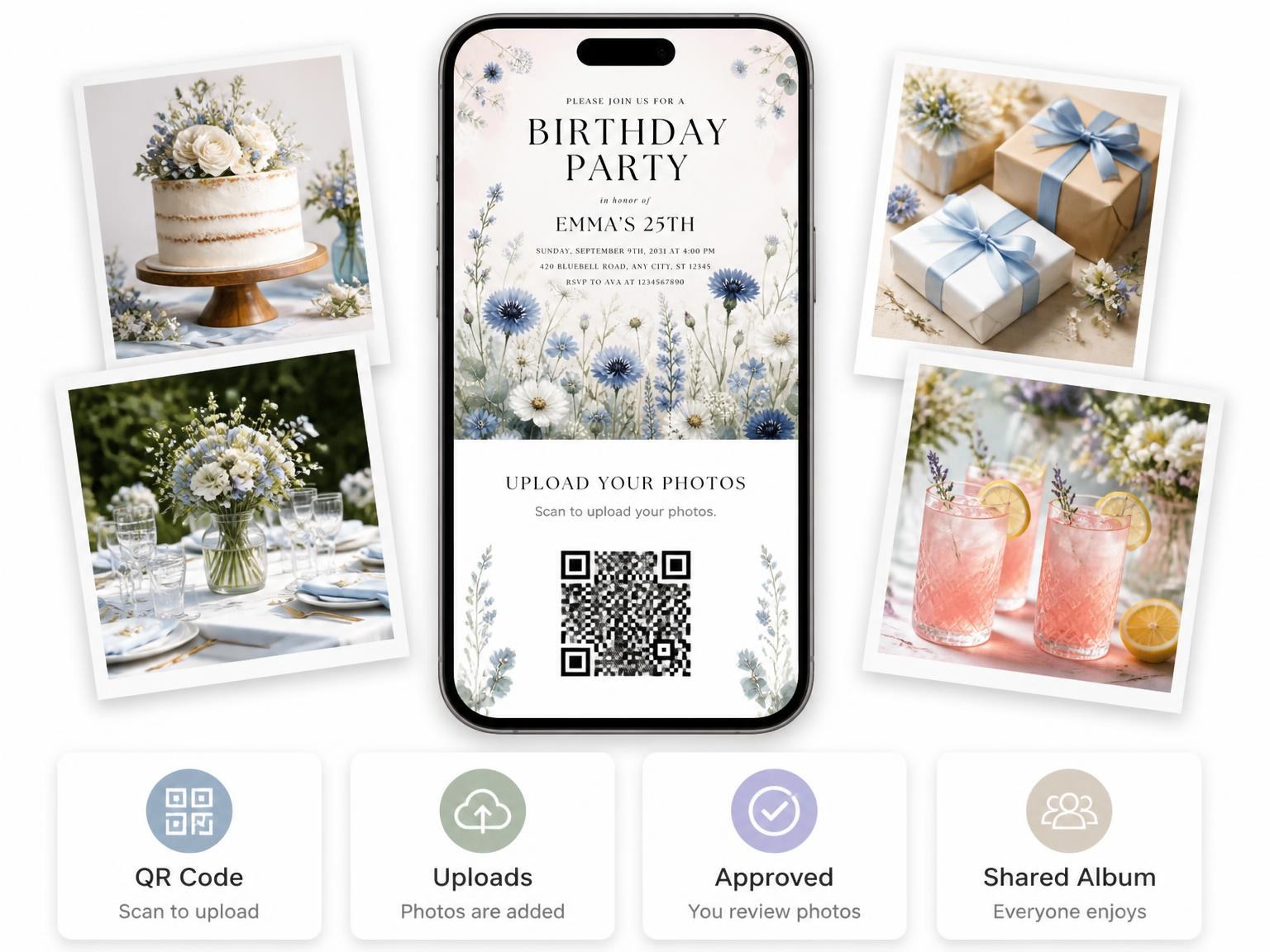 The shared photo gallery that comes with the Wildflowers Dusty Blue 25th Birthday Invitation invitation