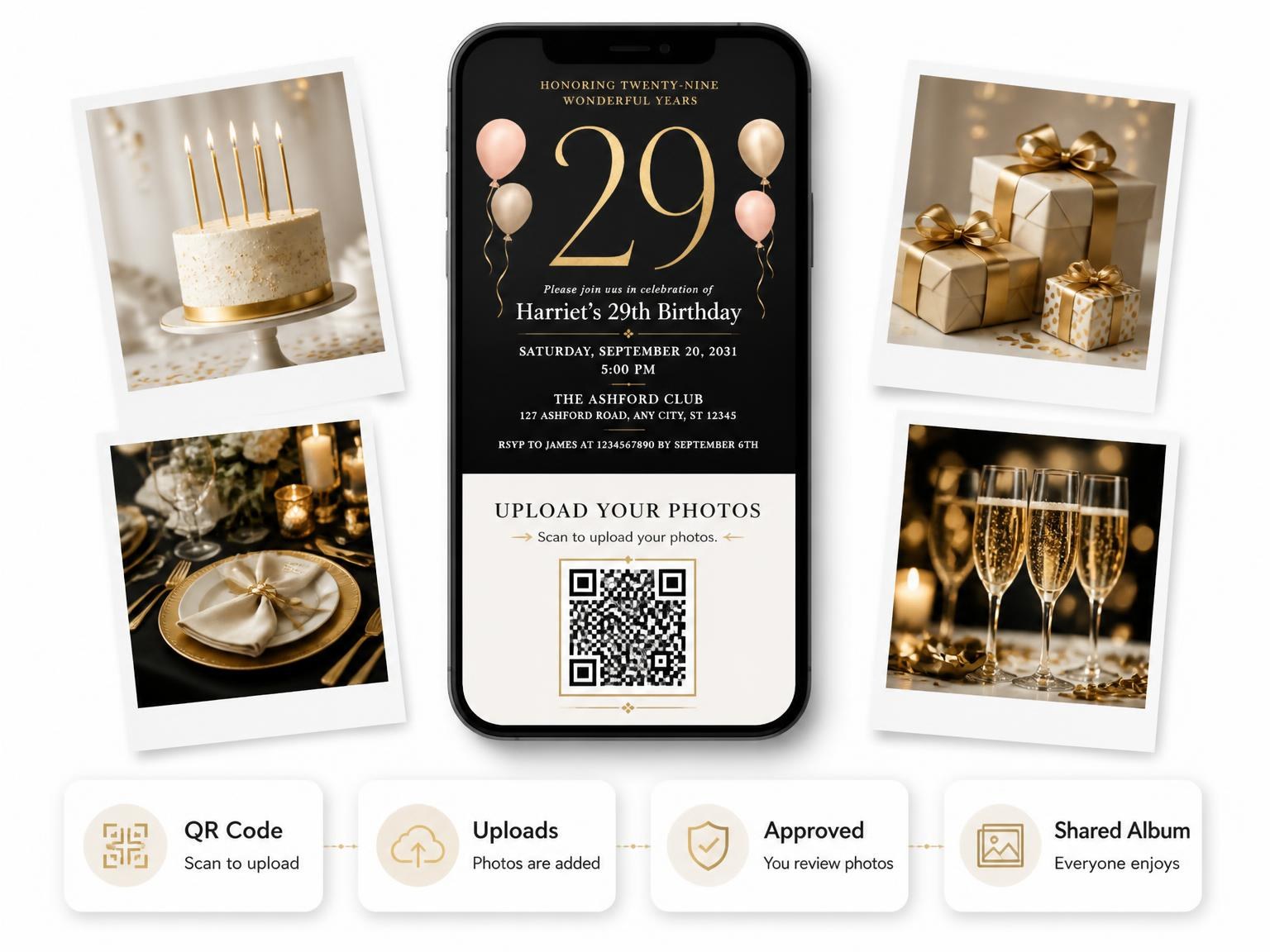 The shared photo gallery that comes with the Charcoal and Blush 29th Birthday Invitation invitation