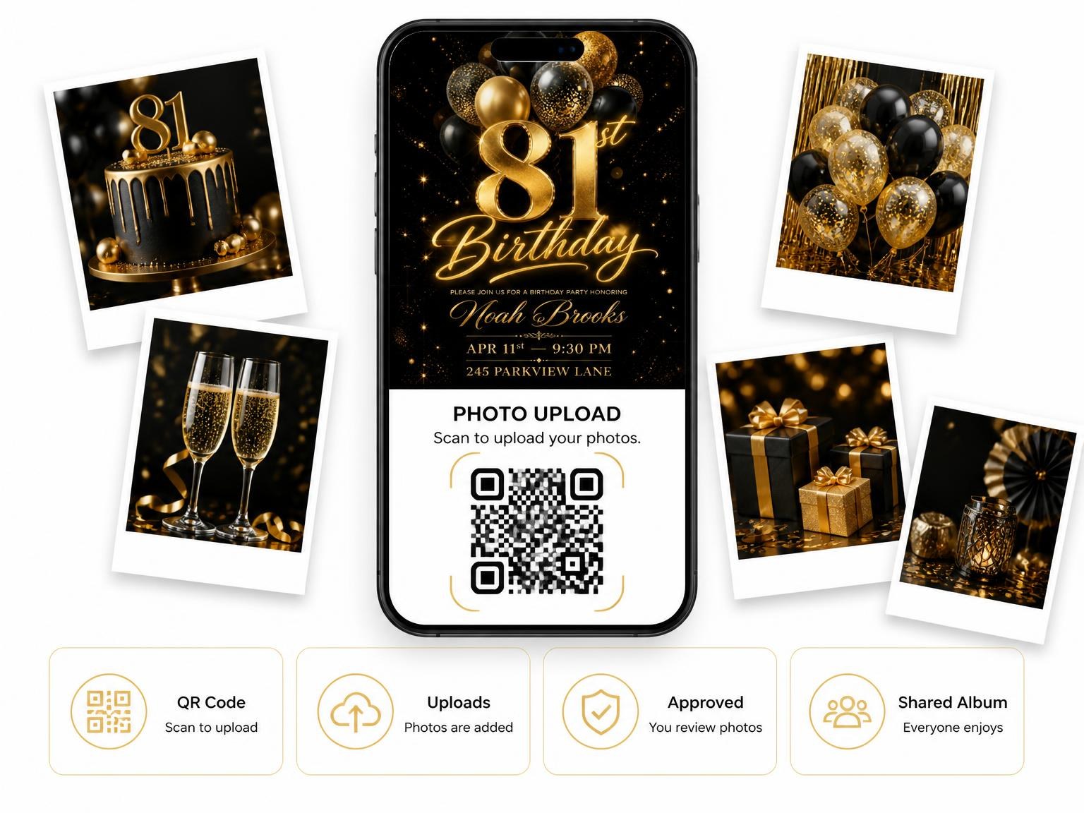 The shared photo gallery that comes with the Black and Gold Balloon 81st Birthday invitation