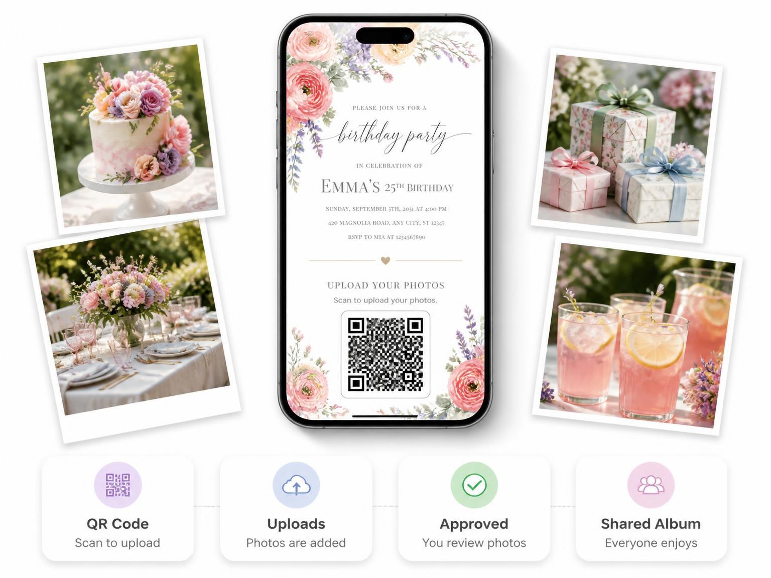 The shared photo gallery that comes with the Pastel Botanical Meadow 25th Birthday Invitation invitation