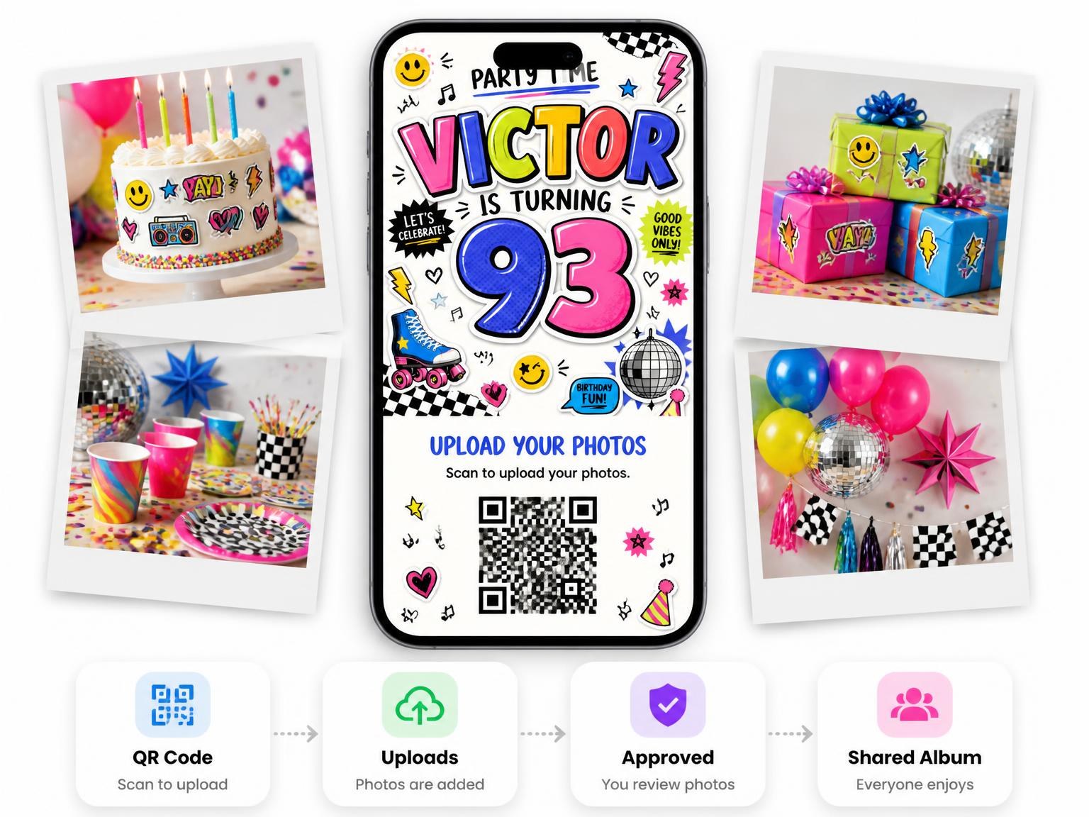 The shared photo gallery that comes with the Sticker Pop 93rd Birthday Invitation invitation