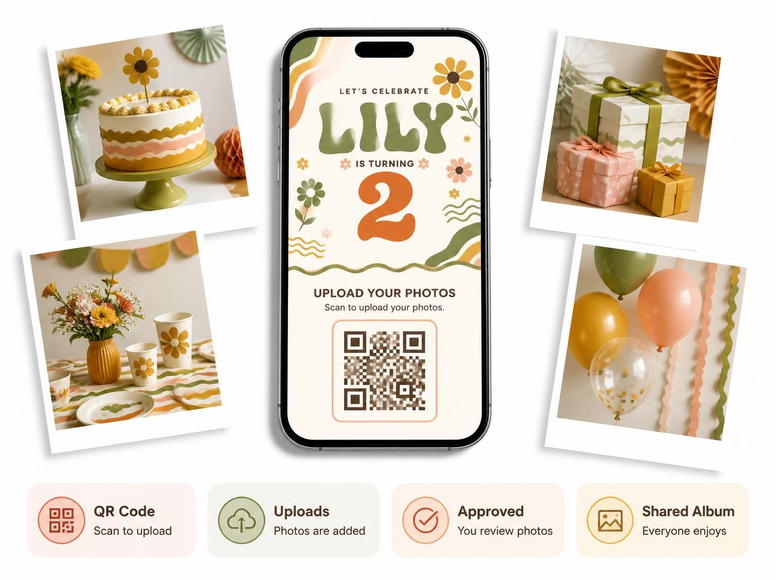 The shared photo gallery that comes with the Rainbow Bands Groovy 2nd Birthday Invitation invitation
