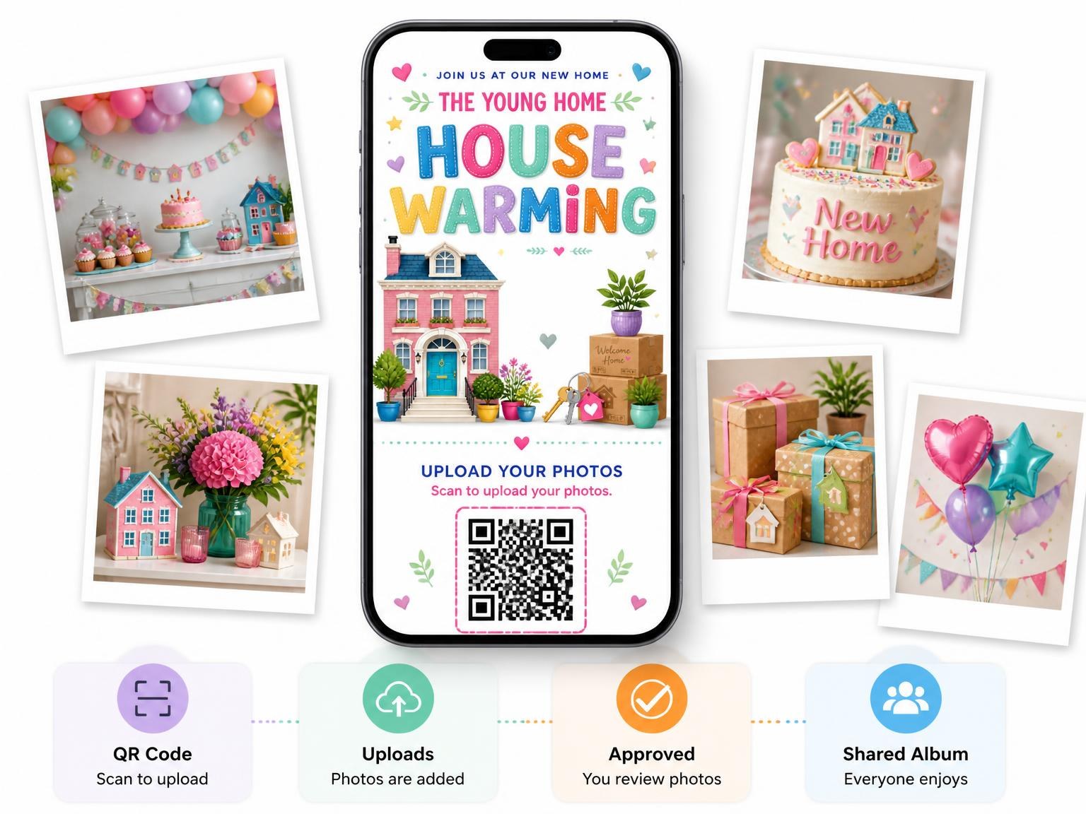 The shared photo gallery that comes with the Pink Townhouse Housewarming Invitation invitation