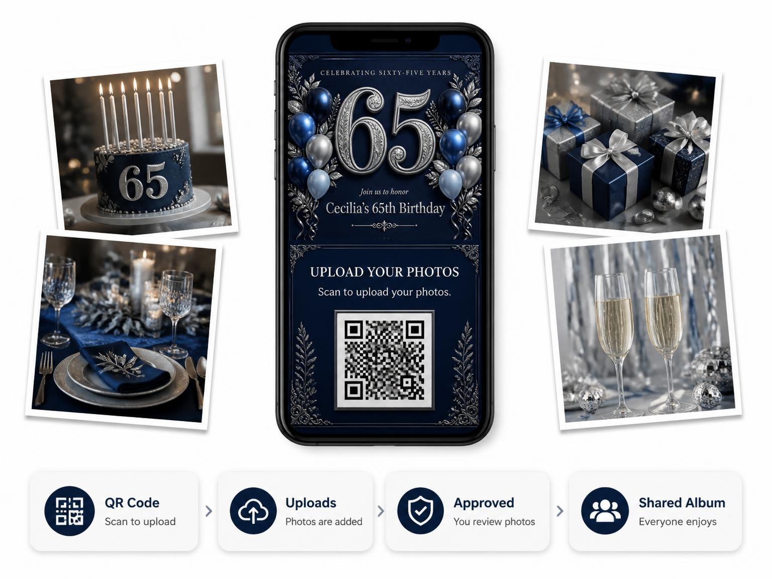 The shared photo gallery that comes with the Navy and Silver 65th Birthday Invitation invitation