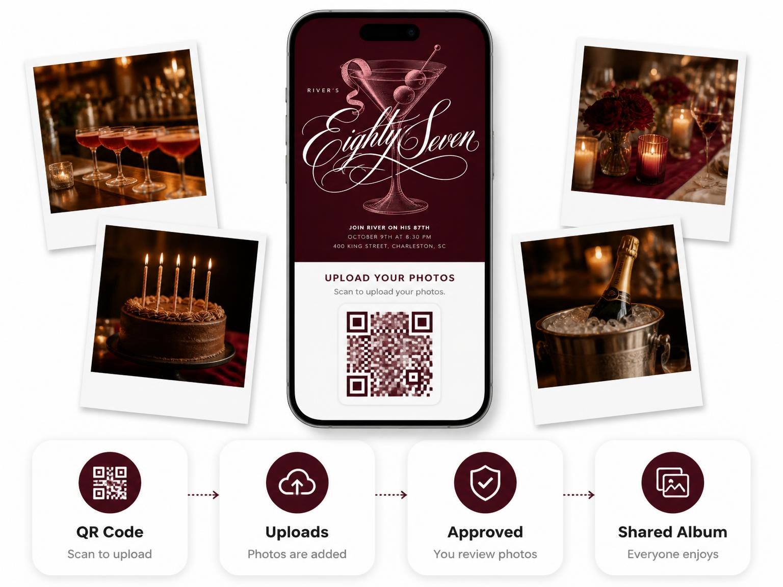 The shared photo gallery that comes with the Burgundy Cocktail 87th Birthday Invitation invitation