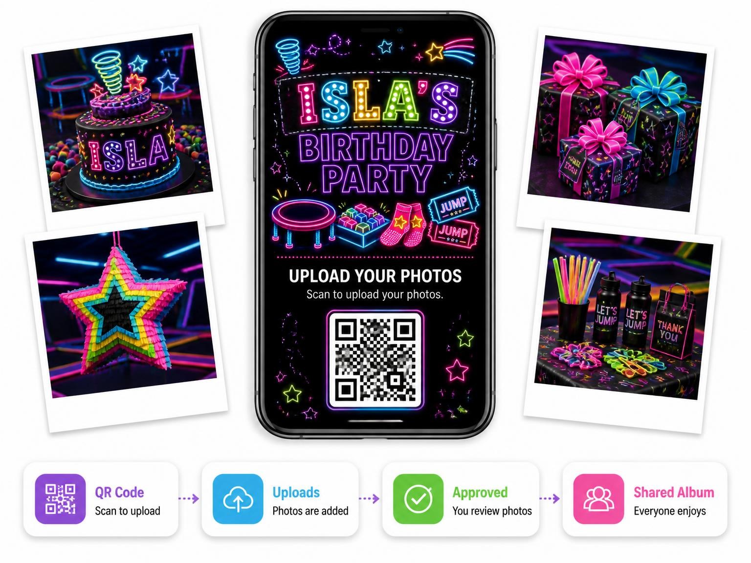 The shared photo gallery that comes with the Neon Trampoline 21st Birthday Invitation invitation