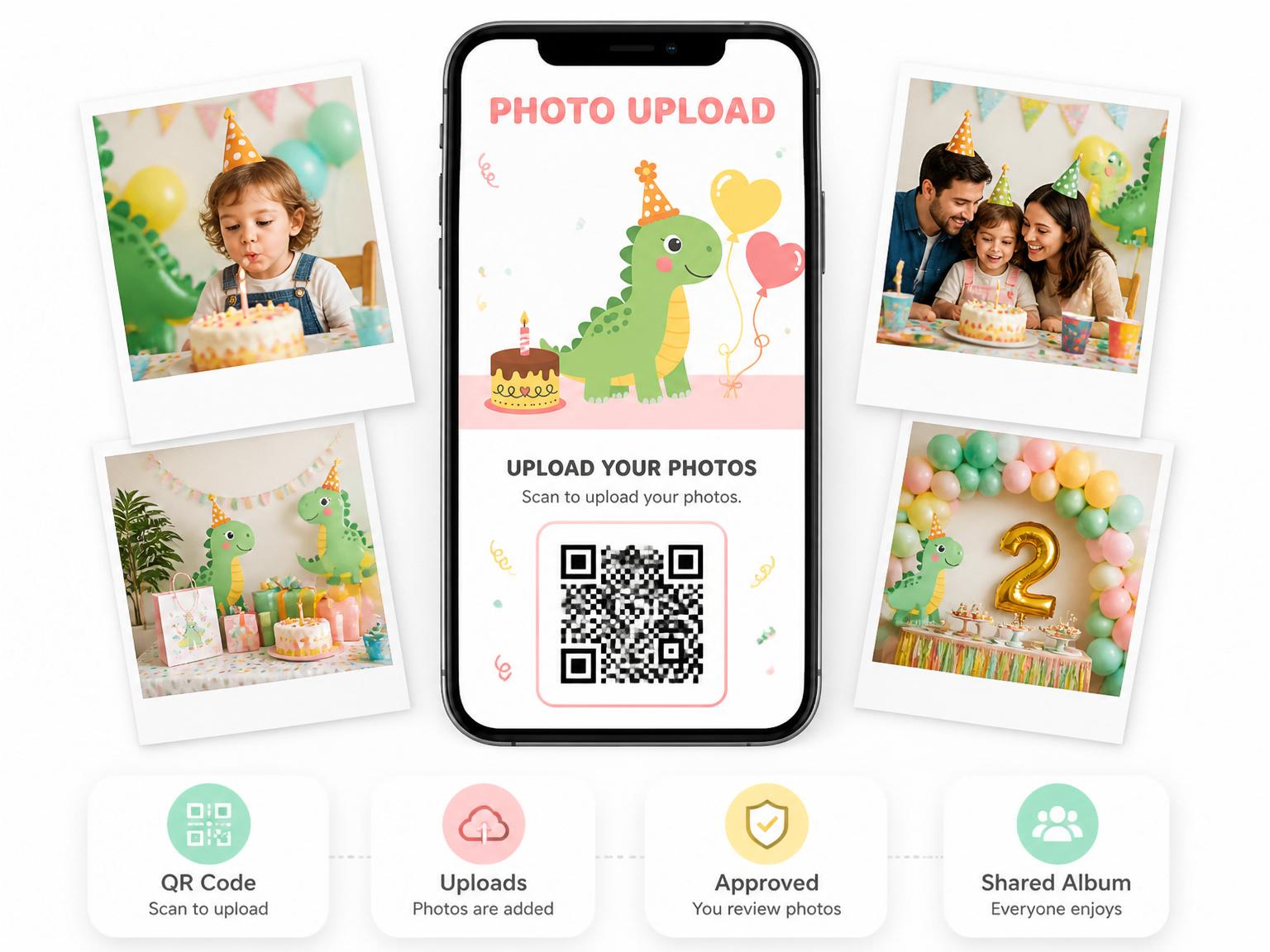 The shared photo gallery that comes with the Cute Dino Party Birthday Invitation invitation
