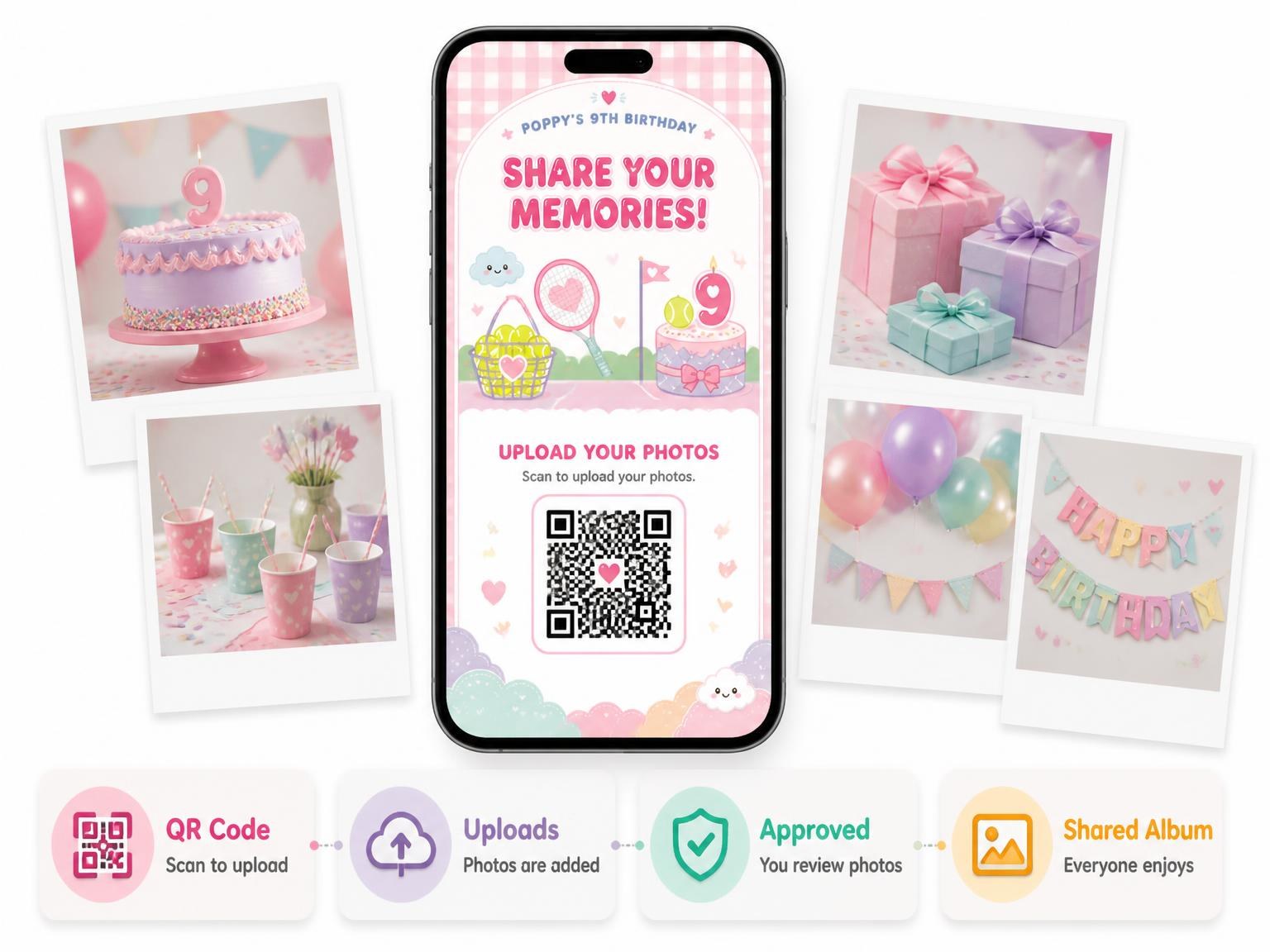 The shared photo gallery that comes with the Court Net Kawaii Pastel 9th Birthday Invitation invitation