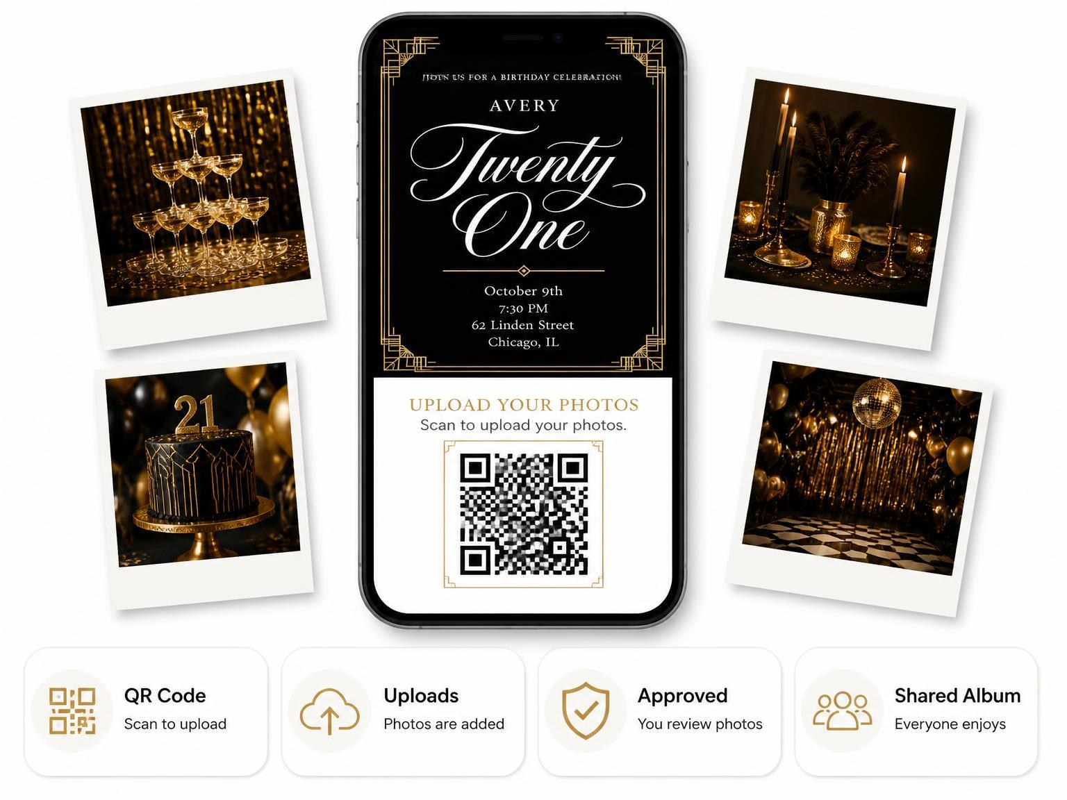 The shared photo gallery that comes with the Art Deco 21st Birthday Invitation invitation