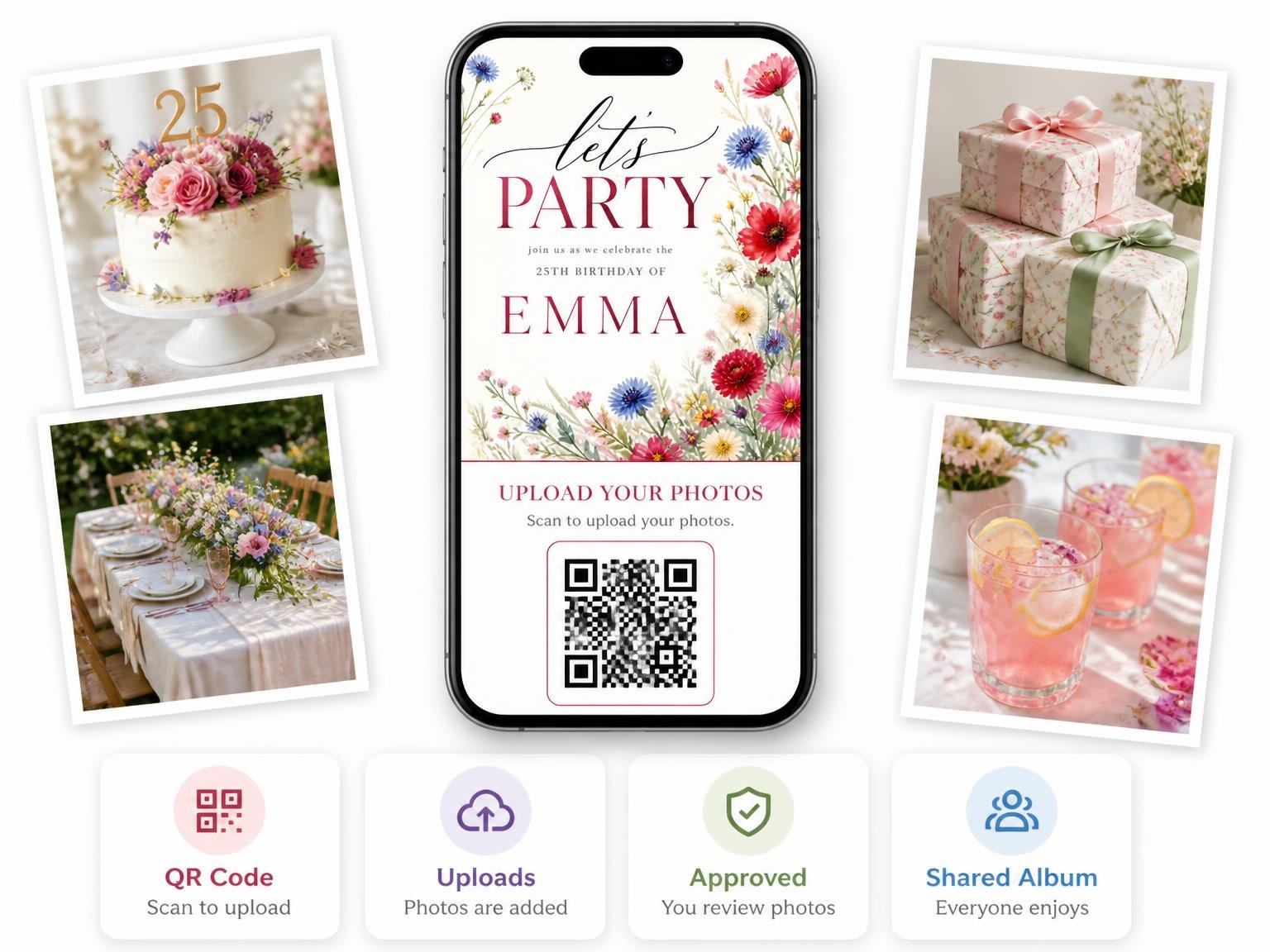 The shared photo gallery that comes with the Wildflower Meadow Scarlet 25th Birthday Invitation invitation