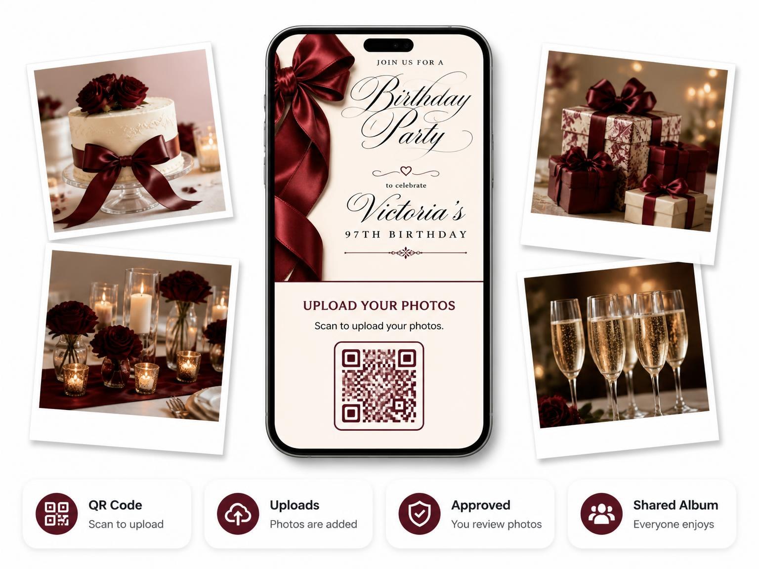 The shared photo gallery that comes with the Burgundy Satin Bow 97th Birthday Invitation invitation