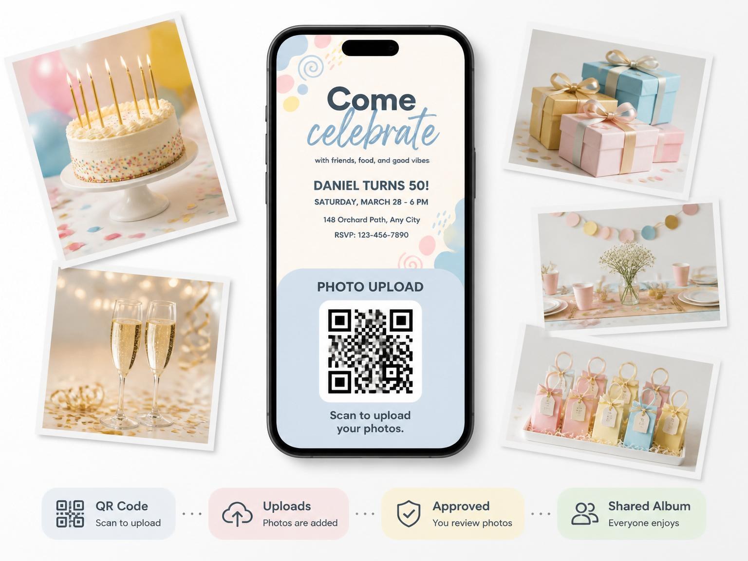 The shared photo gallery that comes with the Pastel Abstract Shape 50th Birthday Invitation invitation