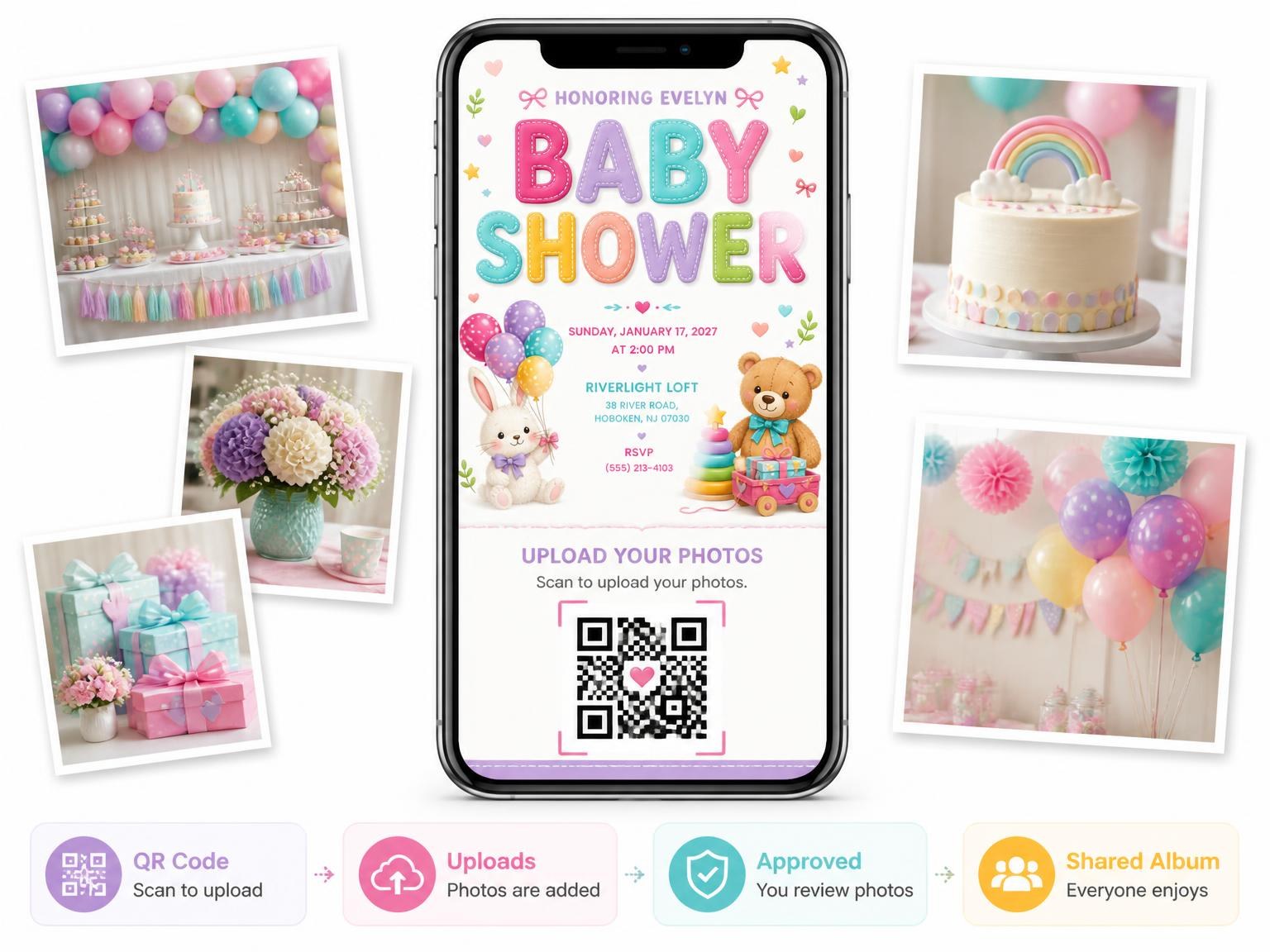 The shared photo gallery that comes with the White Bunny Baby Shower Invitation invitation