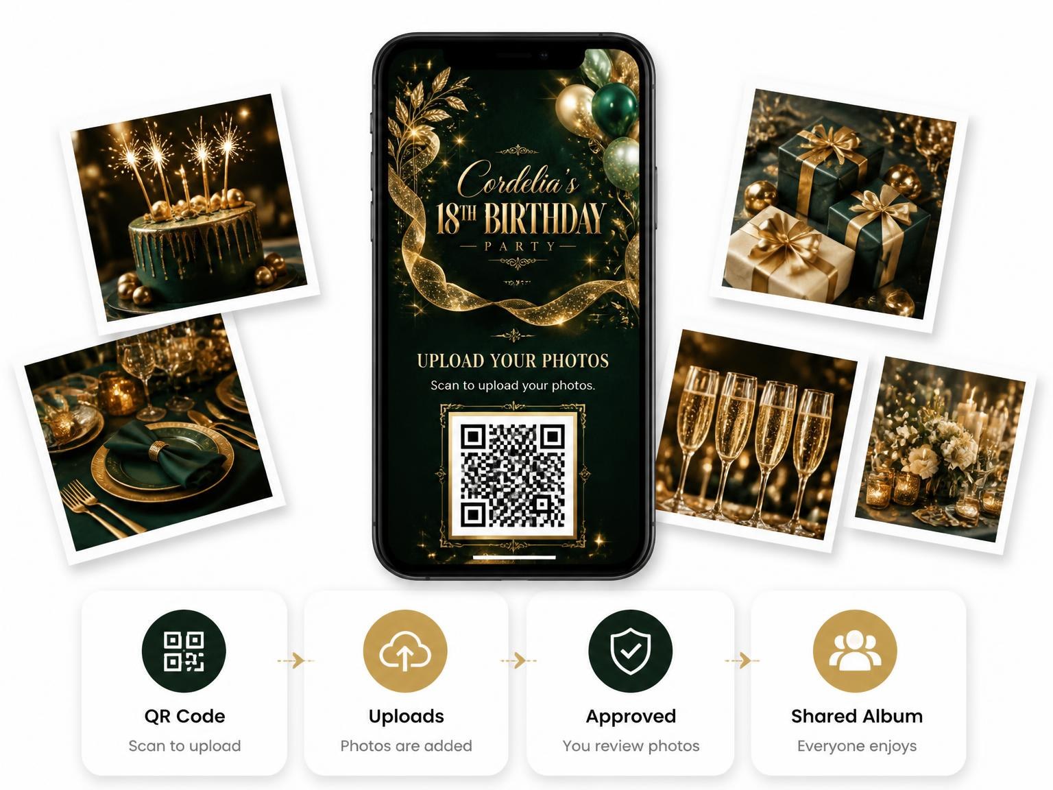 The shared photo gallery that comes with the Emerald and Champagne 18th Birthday Invitation invitation
