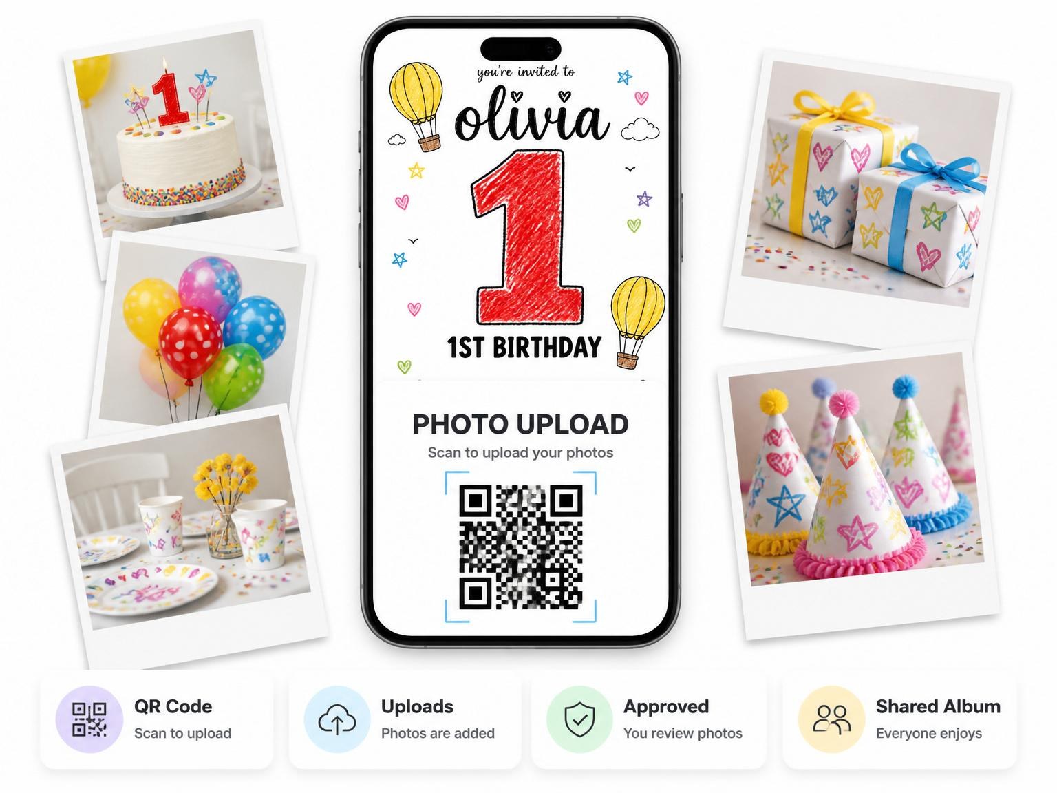 The shared photo gallery that comes with the Crayon Doodle Hot Air Balloon 1st Birthday invitation