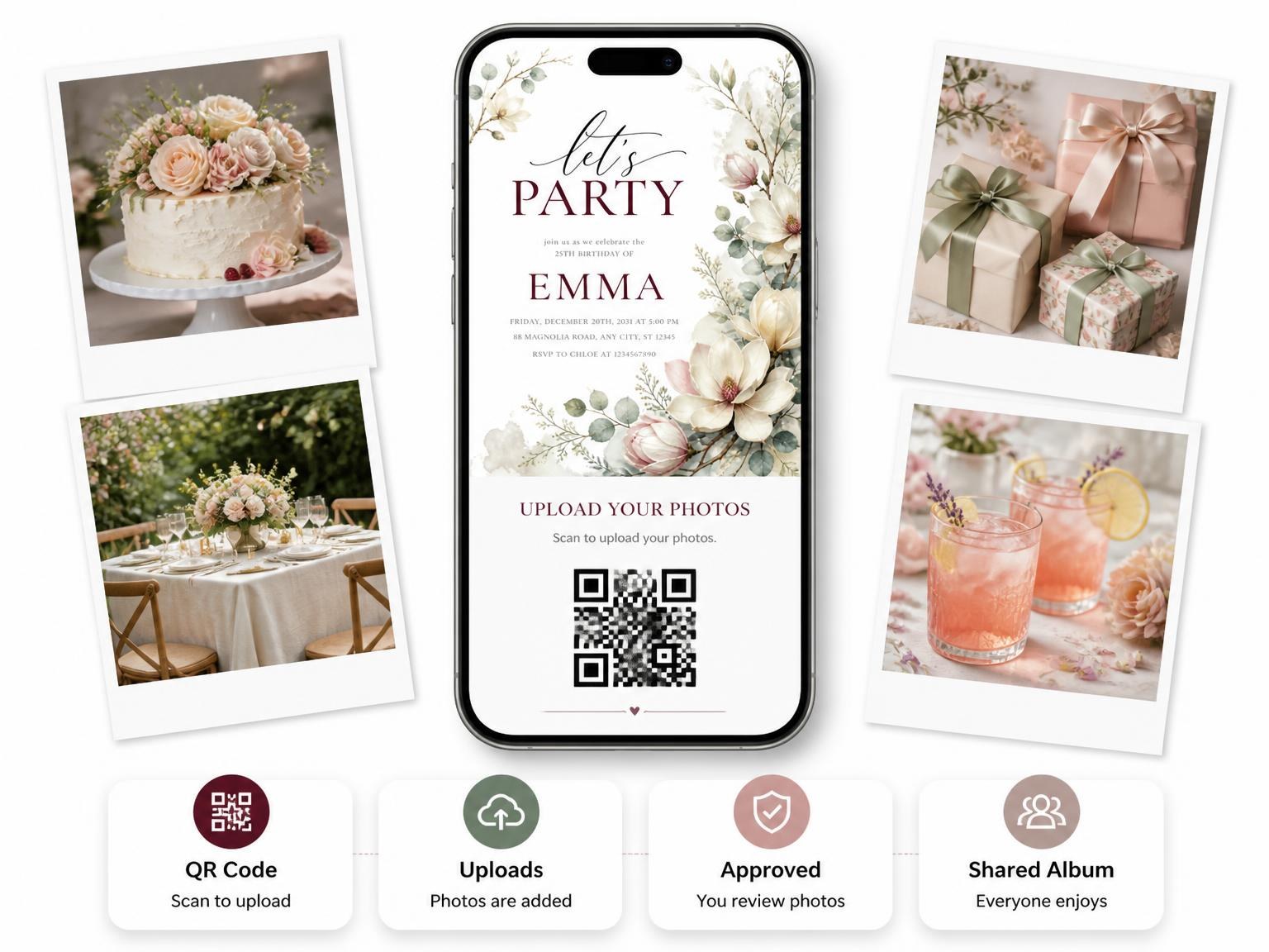 The shared photo gallery that comes with the Magnolia Eucalyptus Ivory 25th Birthday Invitation invitation