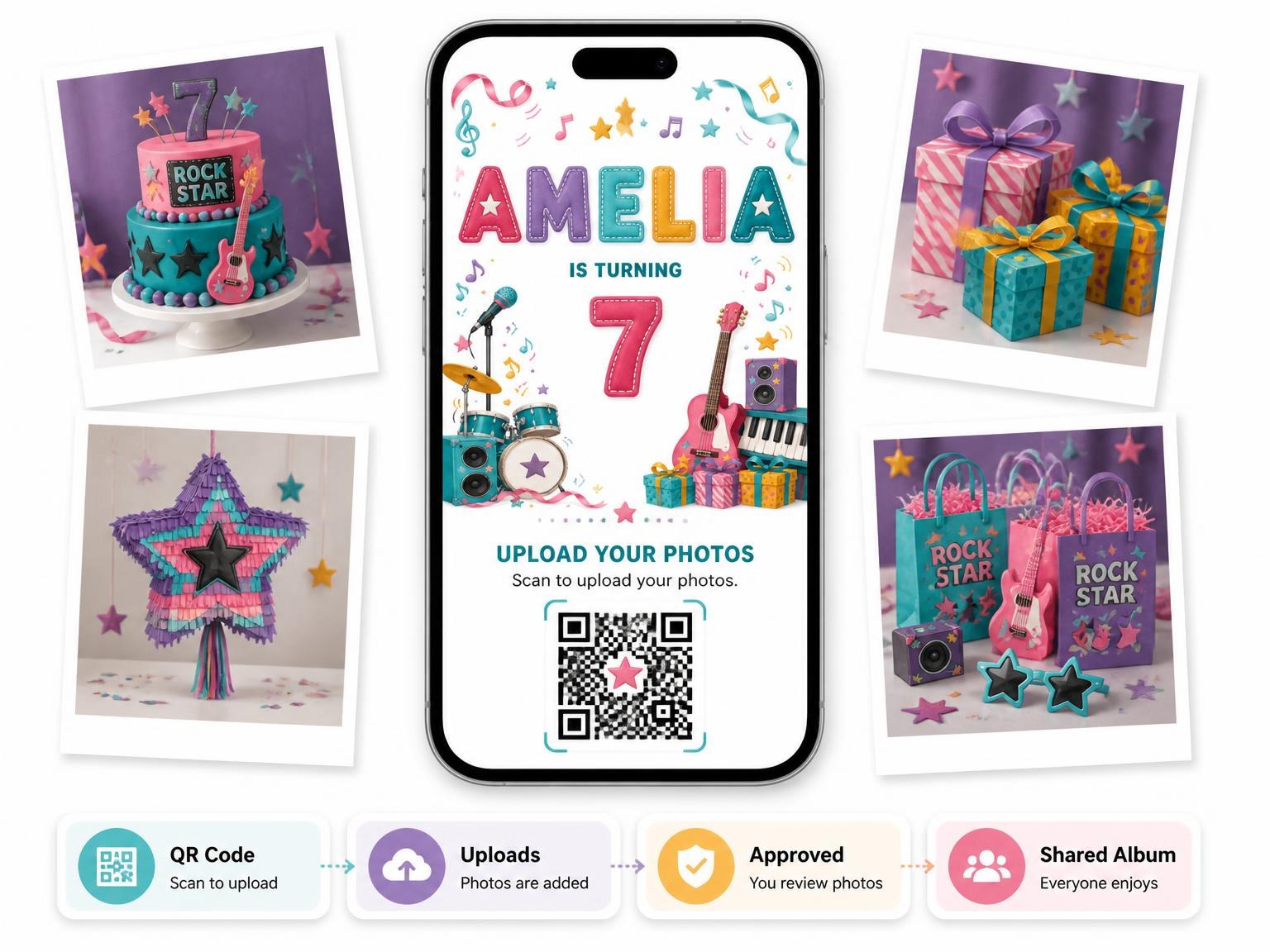 The shared photo gallery that comes with the Stitched Rock Star 7th Birthday Invitation invitation