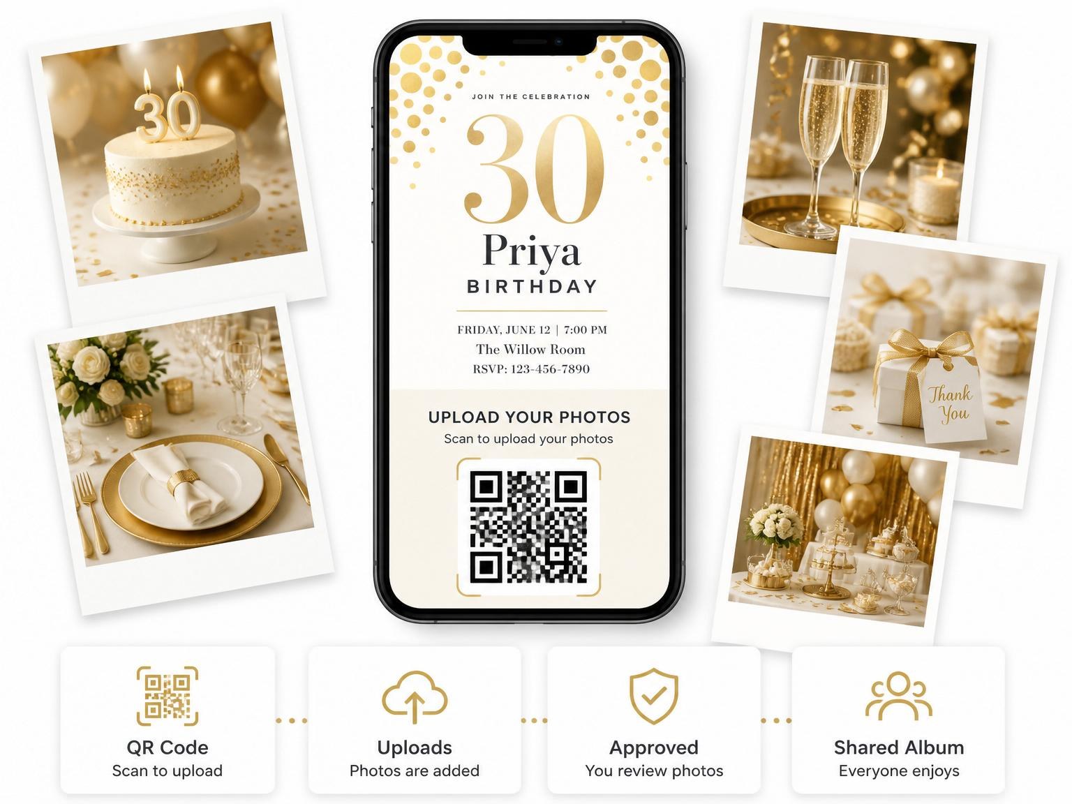 The shared photo gallery that comes with the Gold Foil Confetti 30th Birthday invitation
