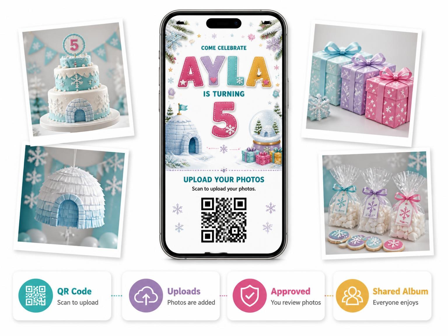 The shared photo gallery that comes with the Stitched Winter Polar 5th Birthday Invitation invitation