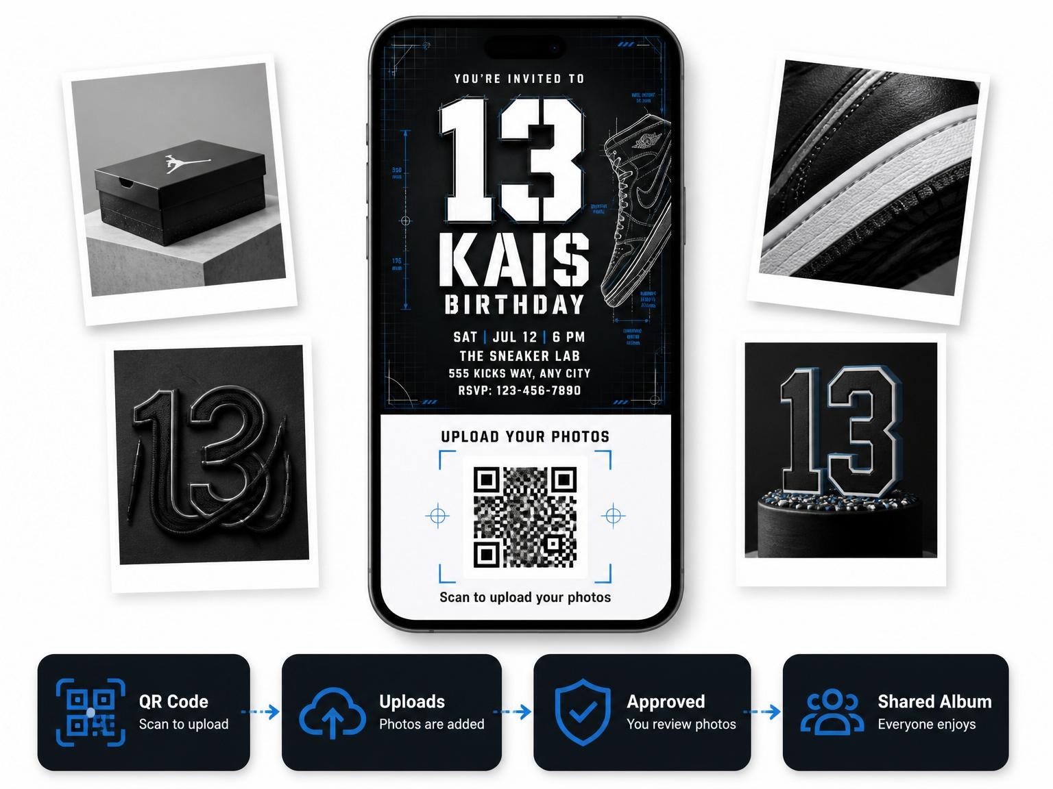 The shared photo gallery that comes with the Industrial Sneaker Blueprint 13th Birthday Invitation invitation
