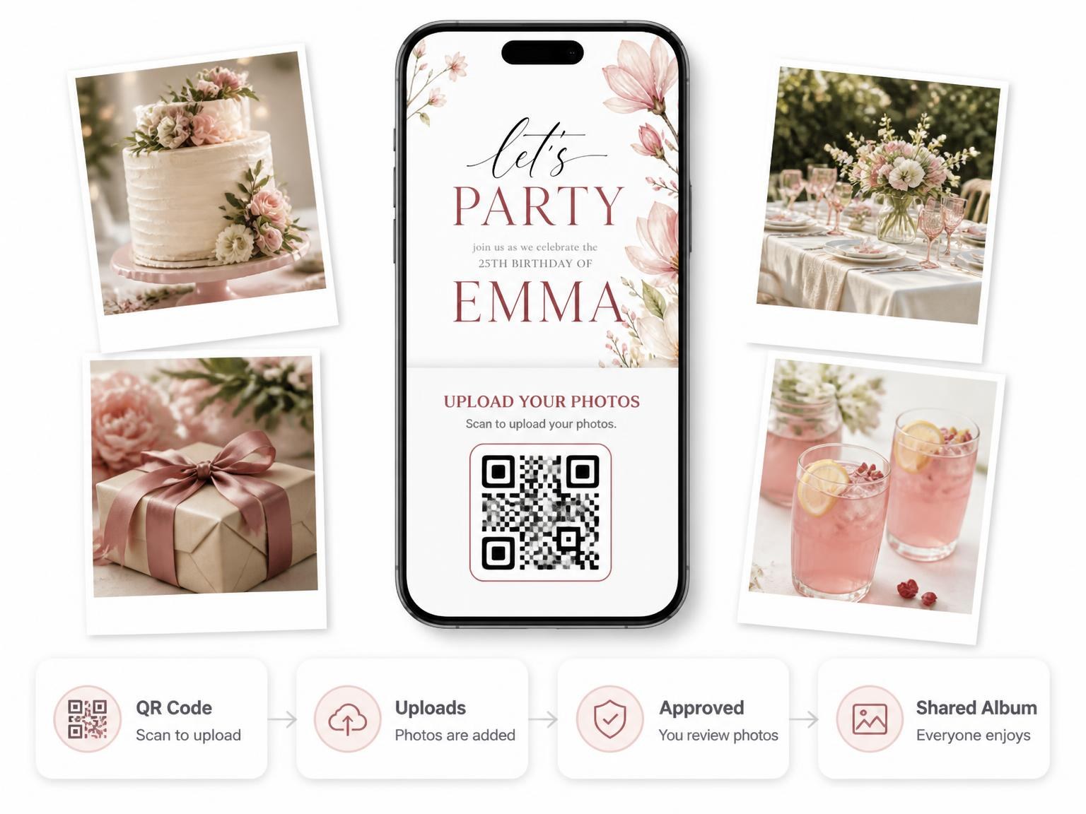 The shared photo gallery that comes with the Blossoms Buds Blush 25th Birthday Invitation invitation