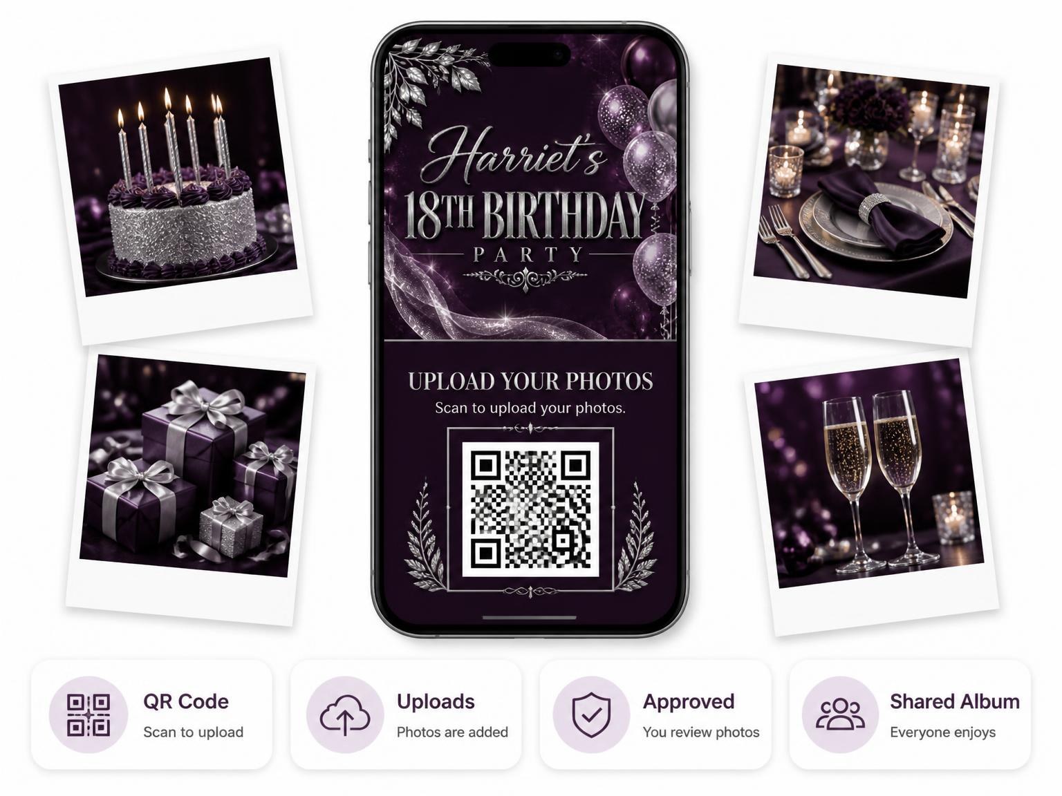 The shared photo gallery that comes with the Plum and Silver 18th Birthday Invitation invitation