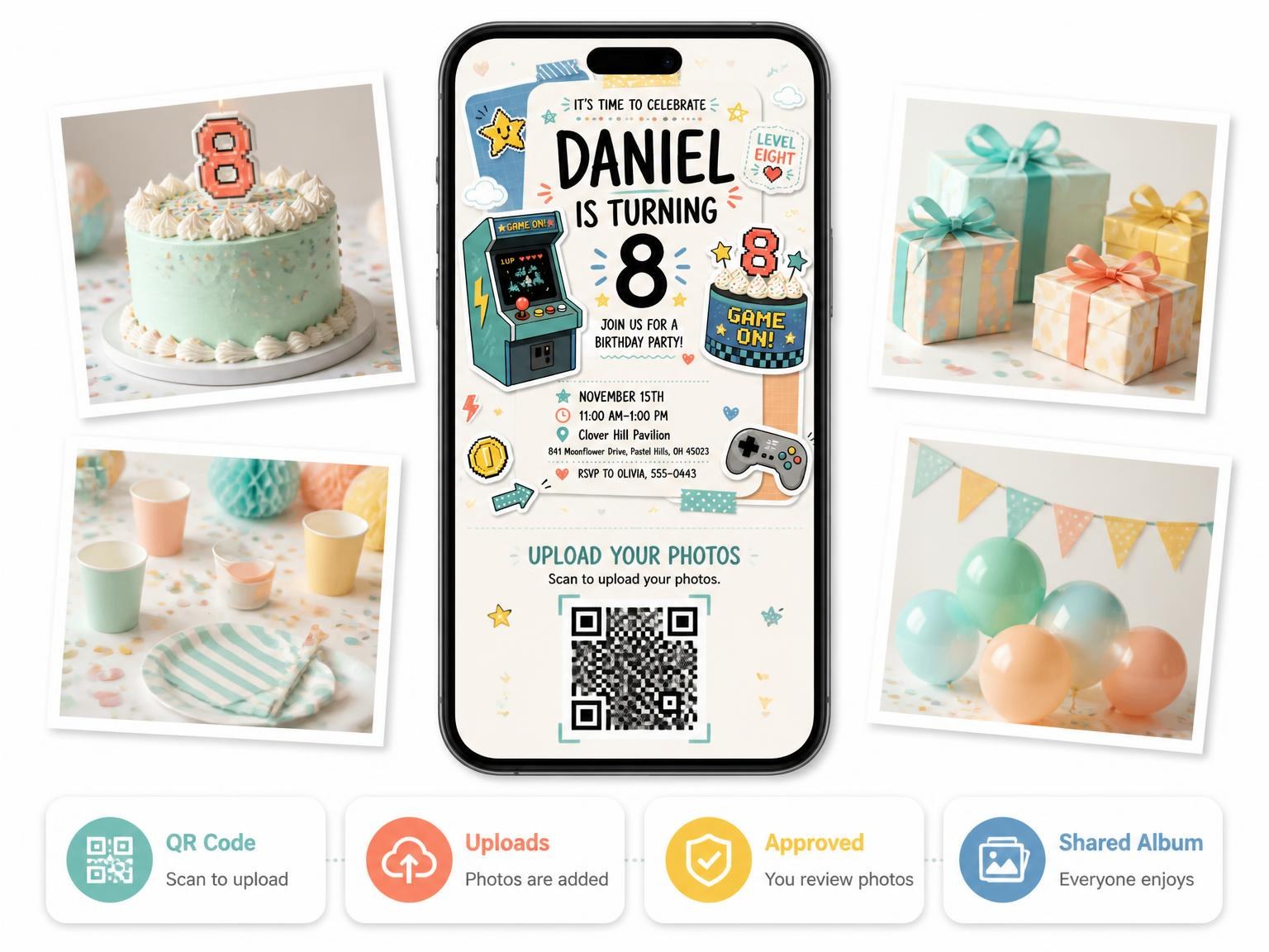 The shared photo gallery that comes with the Retro Arcade 8th Birthday Invitation invitation