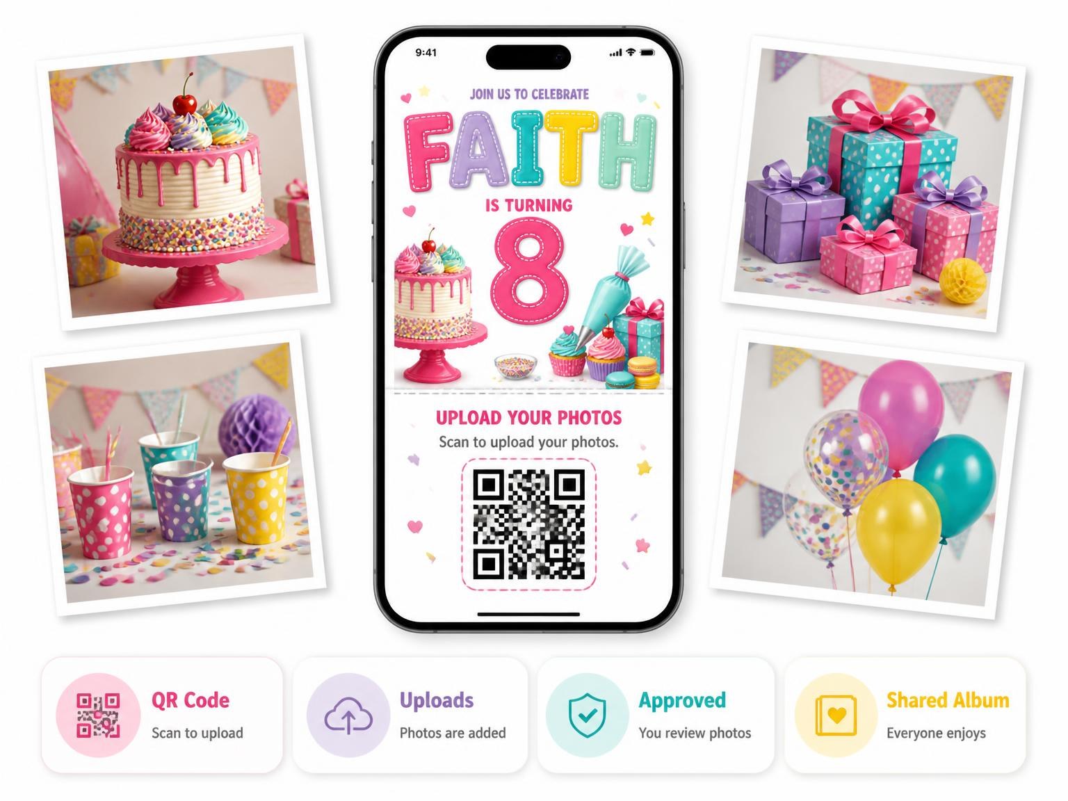The shared photo gallery that comes with the Stitched Cupcake Bakery 8th Birthday Invitation invitation