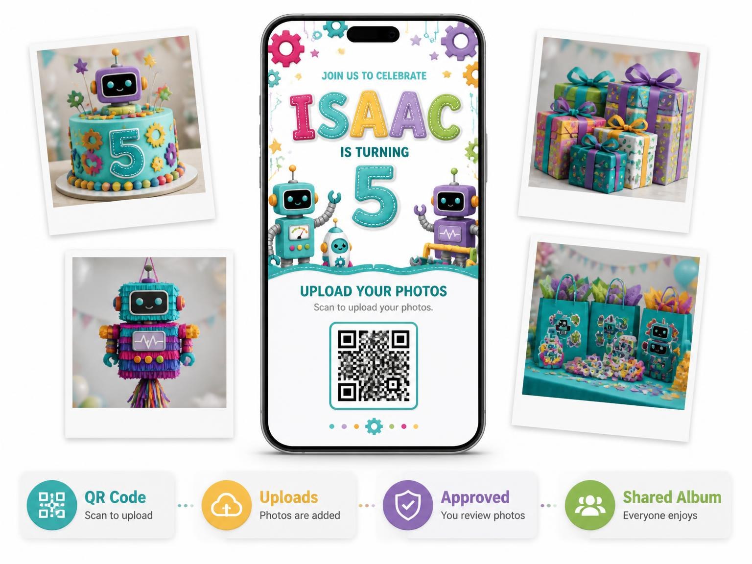 The shared photo gallery that comes with the Stitched Robot 5th Birthday Invitation invitation