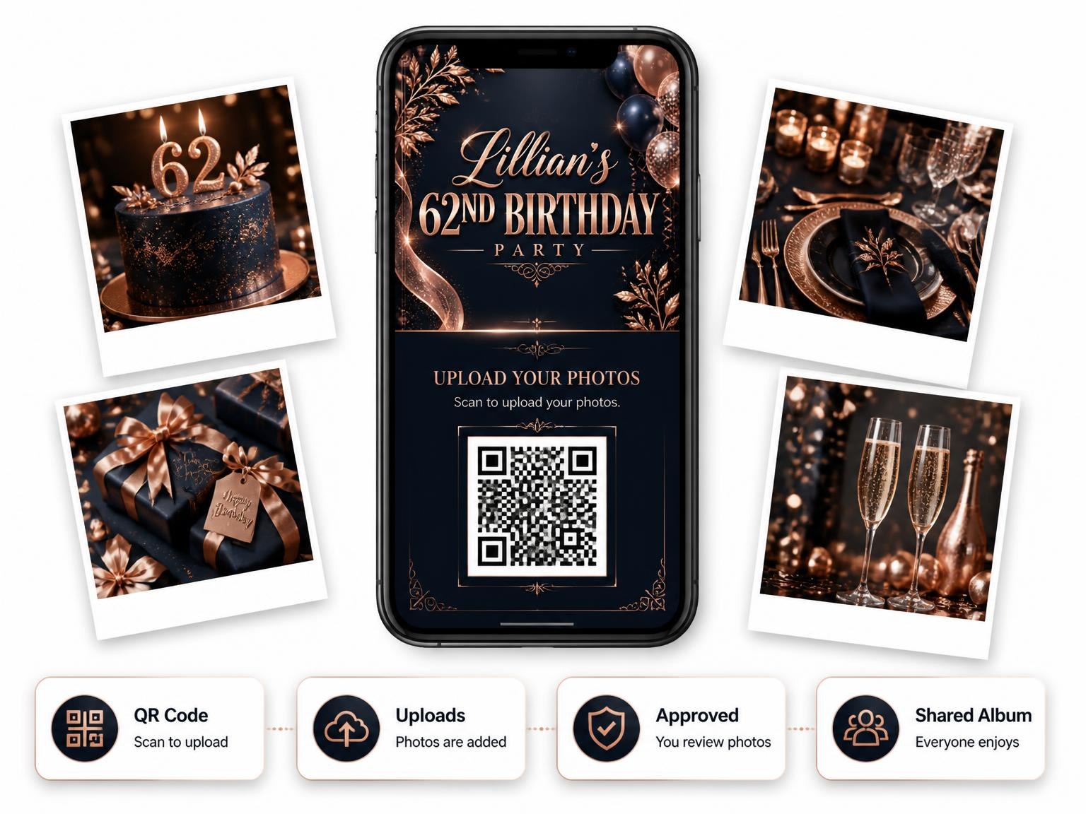 The shared photo gallery that comes with the Navy and Rose Gold 62nd Birthday Invitation invitation
