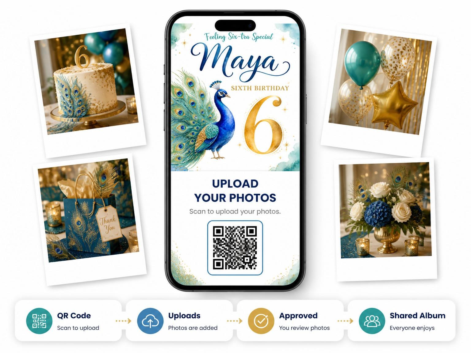 The shared photo gallery that comes with the Watercolor Teal Peacock 6th Birthday Invitation invitation