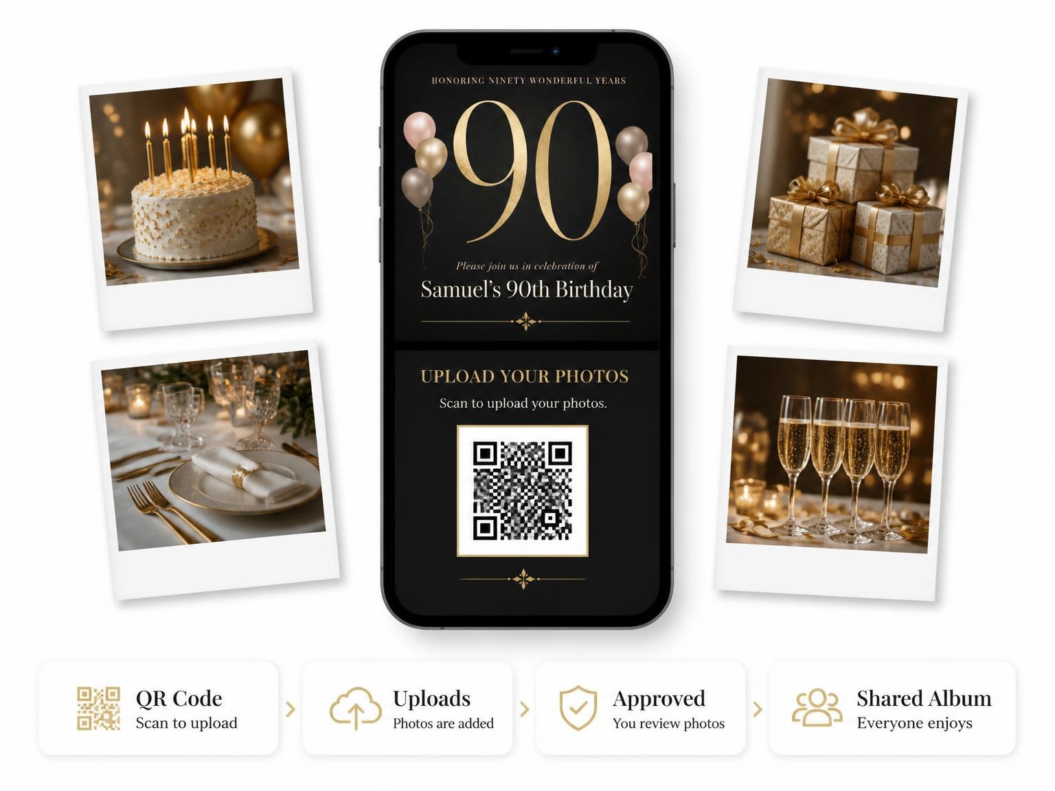 The shared photo gallery that comes with the Charcoal and Blush 90th Birthday Invitation invitation